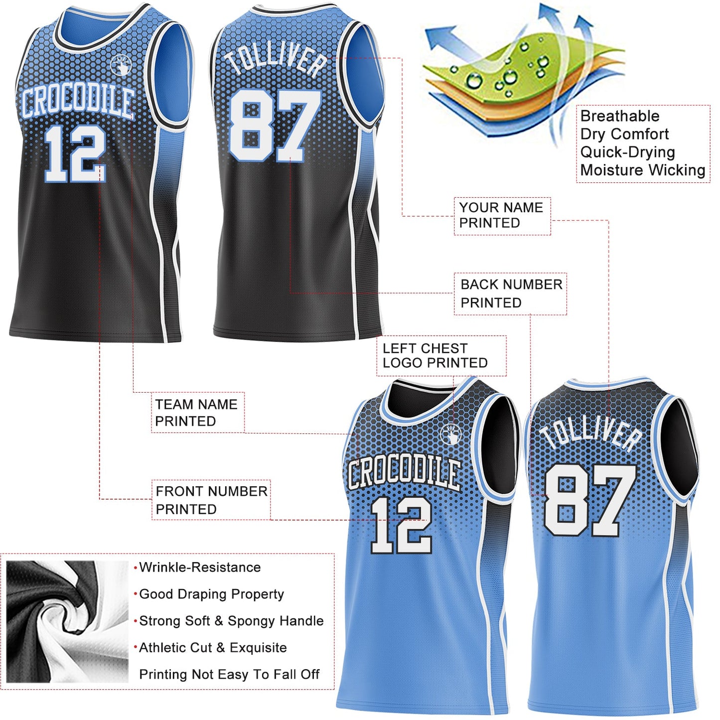 Custom Black White-Light Blue Side Panel Stripe Gradient Geometric Honeycomb Reversible Double Side Sublimation Basketball Set Jersey view 3