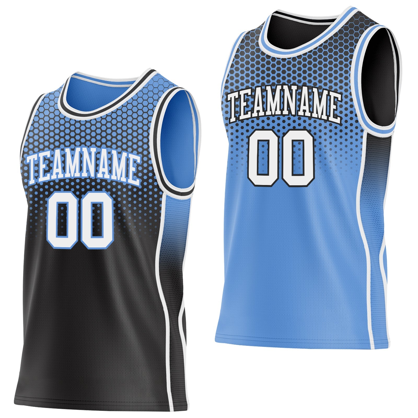 Custom Black White-Light Blue Side Panel Stripe Gradient Geometric Honeycomb Reversible Double Side Sublimation Basketball Set Jersey - Main View