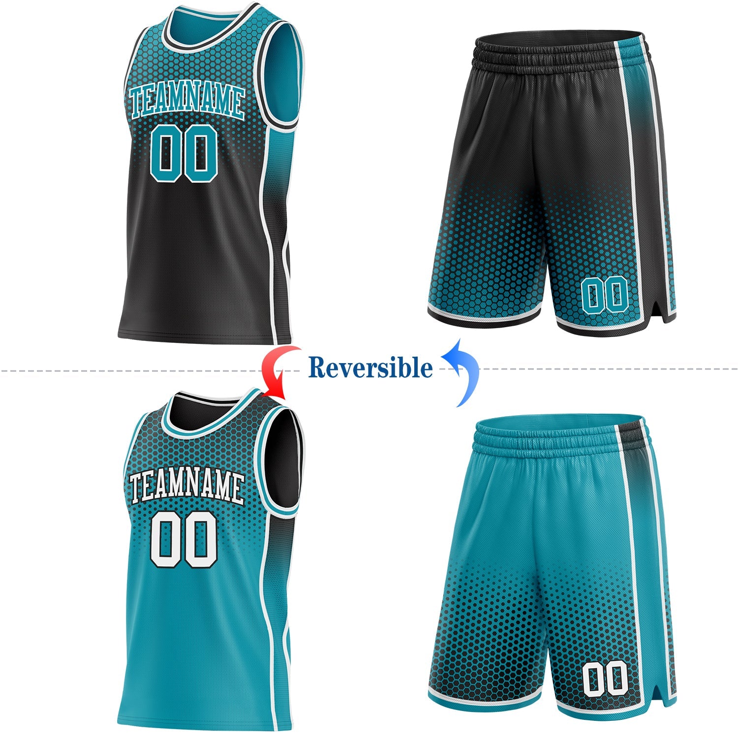 Custom Black Teal White Side Panel Stripe Gradient Geometric Honeycomb Reversible Double Side Sublimation Basketball Set Jersey view 2