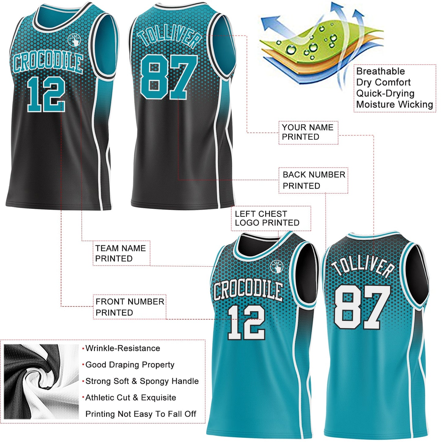 Custom Black Teal White Side Panel Stripe Gradient Geometric Honeycomb Reversible Double Side Sublimation Basketball Set Jersey view 3