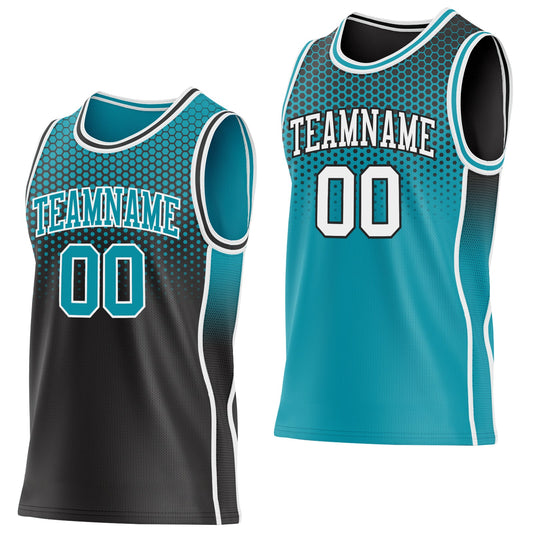 Custom Black Teal White Side Panel Stripe Gradient Geometric Honeycomb Reversible Double Side Sublimation Basketball Set Jersey - Main View