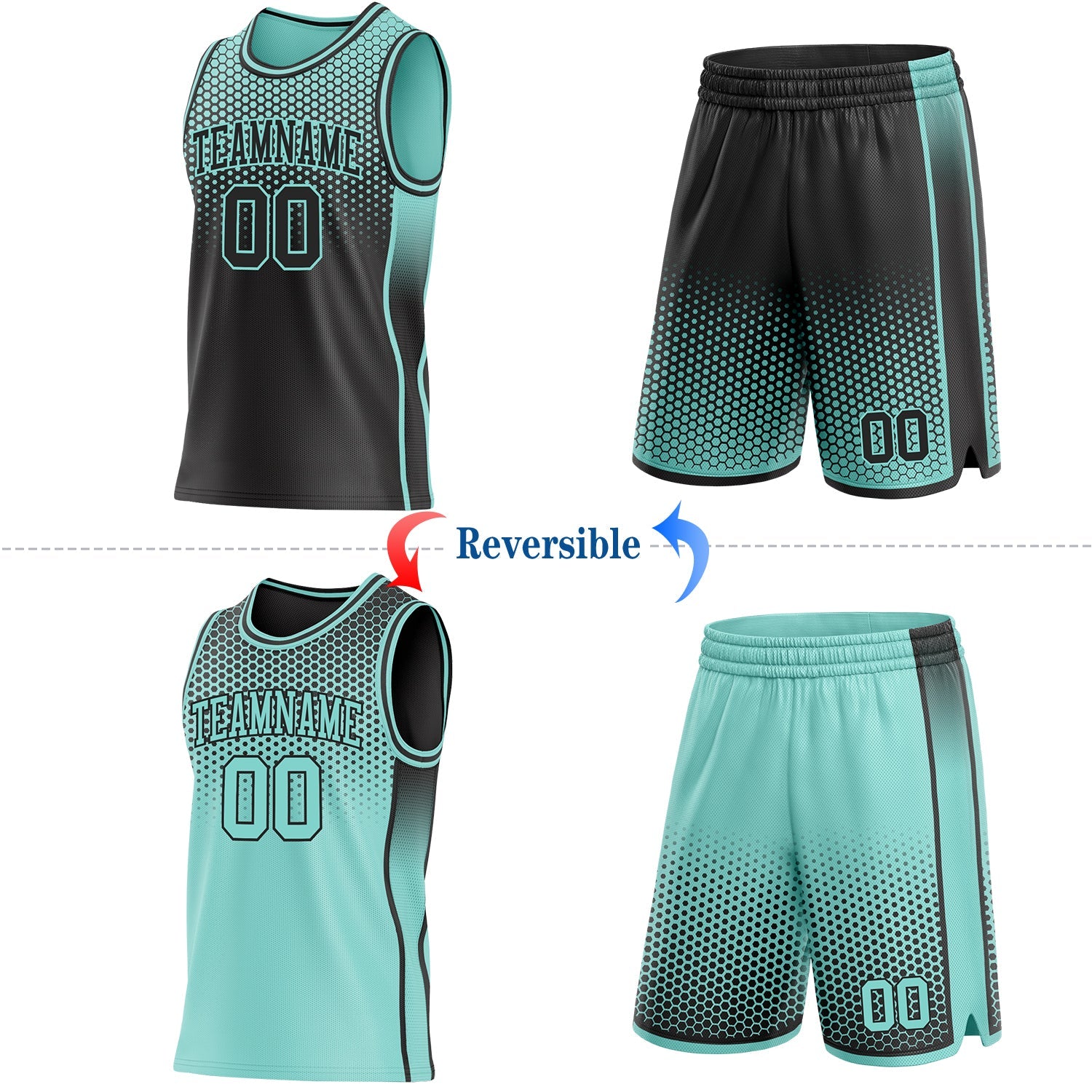 Custom Black-Ice Blue Side Panel Stripe Gradient Geometric Honeycomb Reversible Double Side Sublimation Basketball Set Jersey view 2