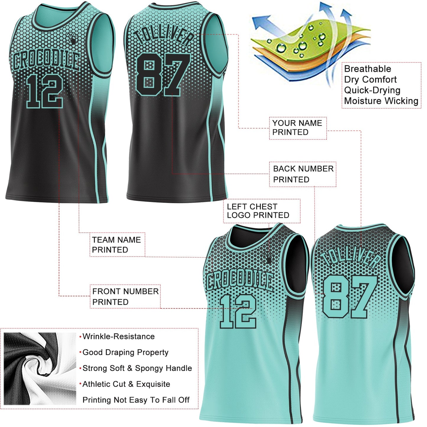 Custom Black-Ice Blue Side Panel Stripe Gradient Geometric Honeycomb Reversible Double Side Sublimation Basketball Set Jersey view 3