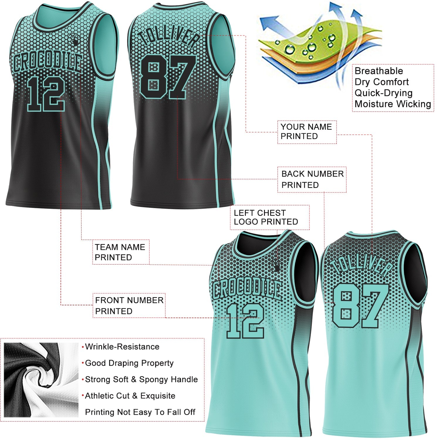 Custom Black-Ice Blue Side Panel Stripe Gradient Geometric Honeycomb Reversible Double Side Sublimation Basketball Set Jersey view 3