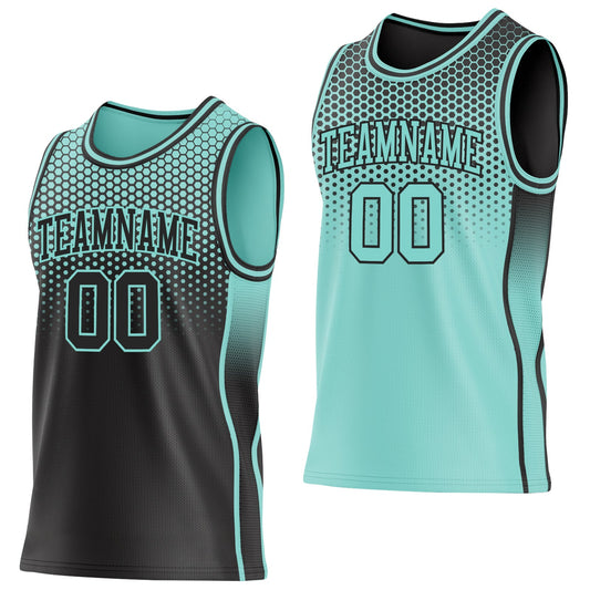 Custom Black-Ice Blue Side Panel Stripe Gradient Geometric Honeycomb Reversible Double Side Sublimation Basketball Set Jersey - Main View