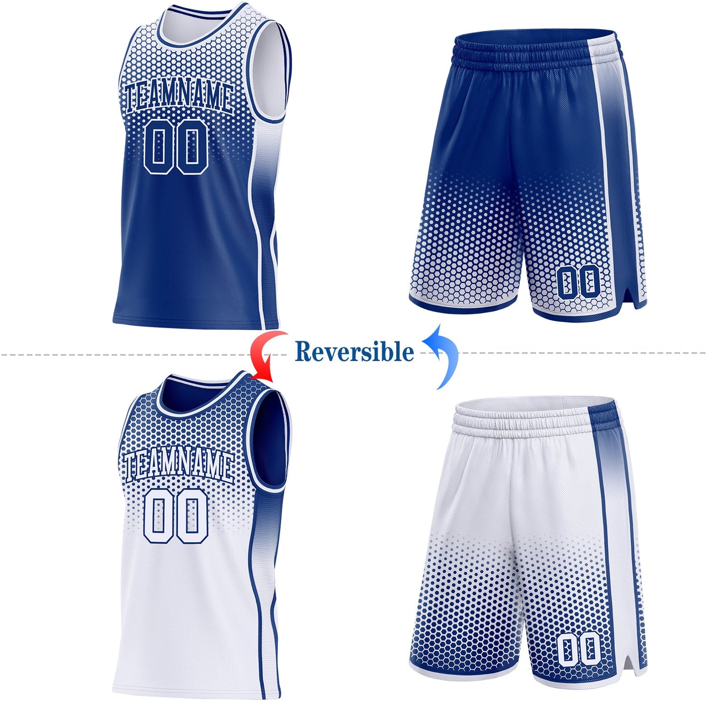 Custom Royal-White Side Panel Stripe Gradient Geometric Honeycomb Reversible Double Side Sublimation Basketball Set Jersey view 2