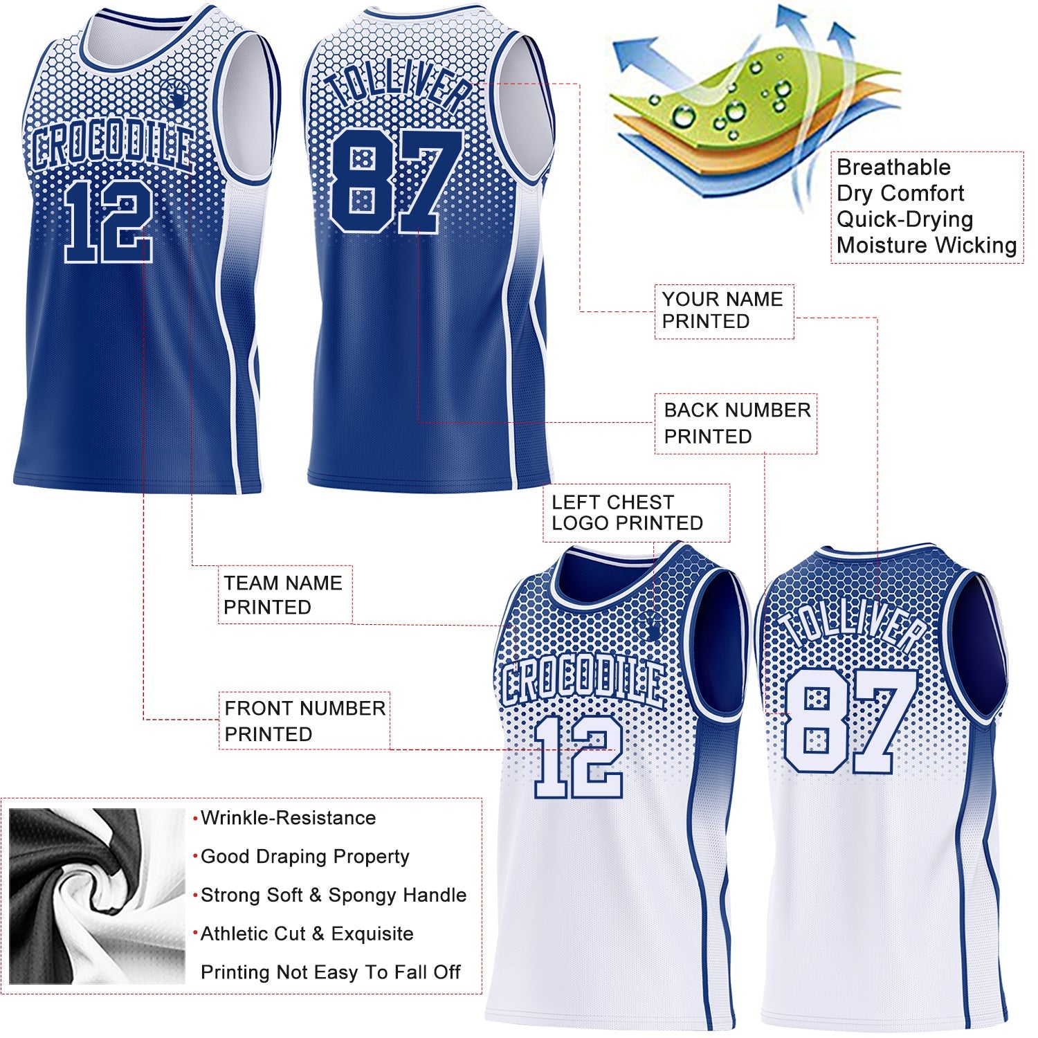 Custom Royal-White Side Panel Stripe Gradient Geometric Honeycomb Reversible Double Side Sublimation Basketball Set Jersey view 3