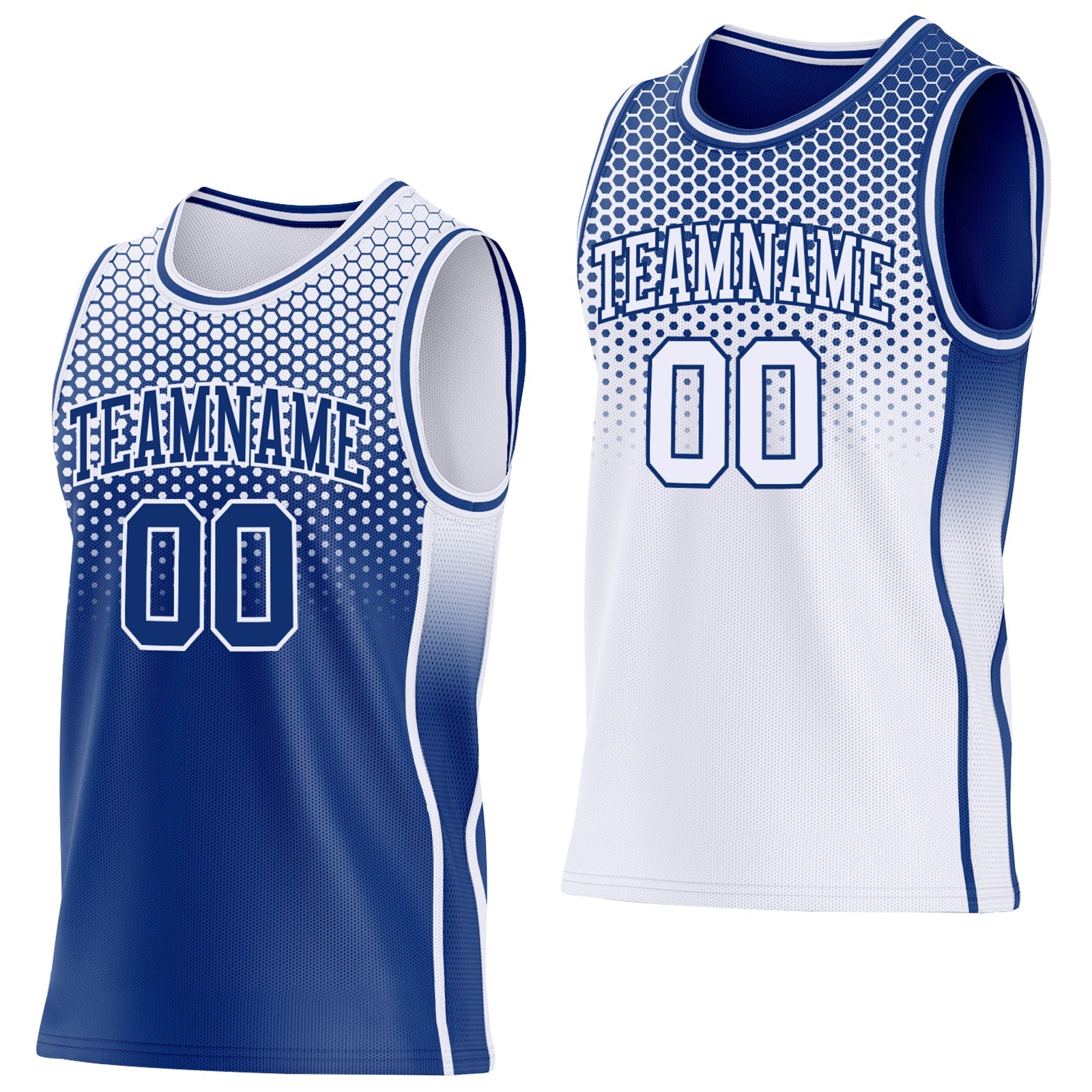 Custom Royal-White Side Panel Stripe Gradient Geometric Honeycomb Reversible Double Side Sublimation Basketball Set Jersey - Main View