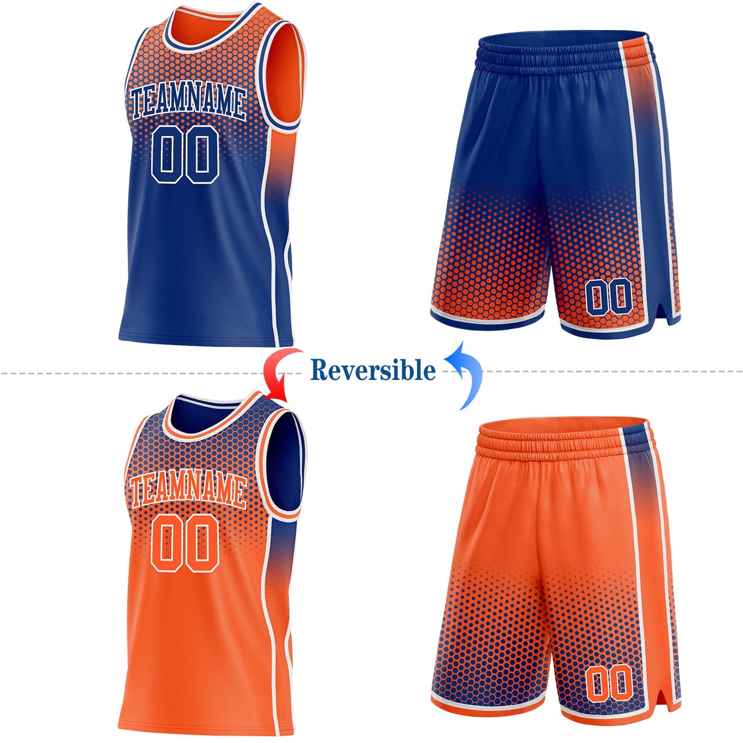 Custom Royal Orange-White Side Panel Stripe Gradient Geometric Honeycomb Reversible Double Side Sublimation Basketball Set Jersey view 2