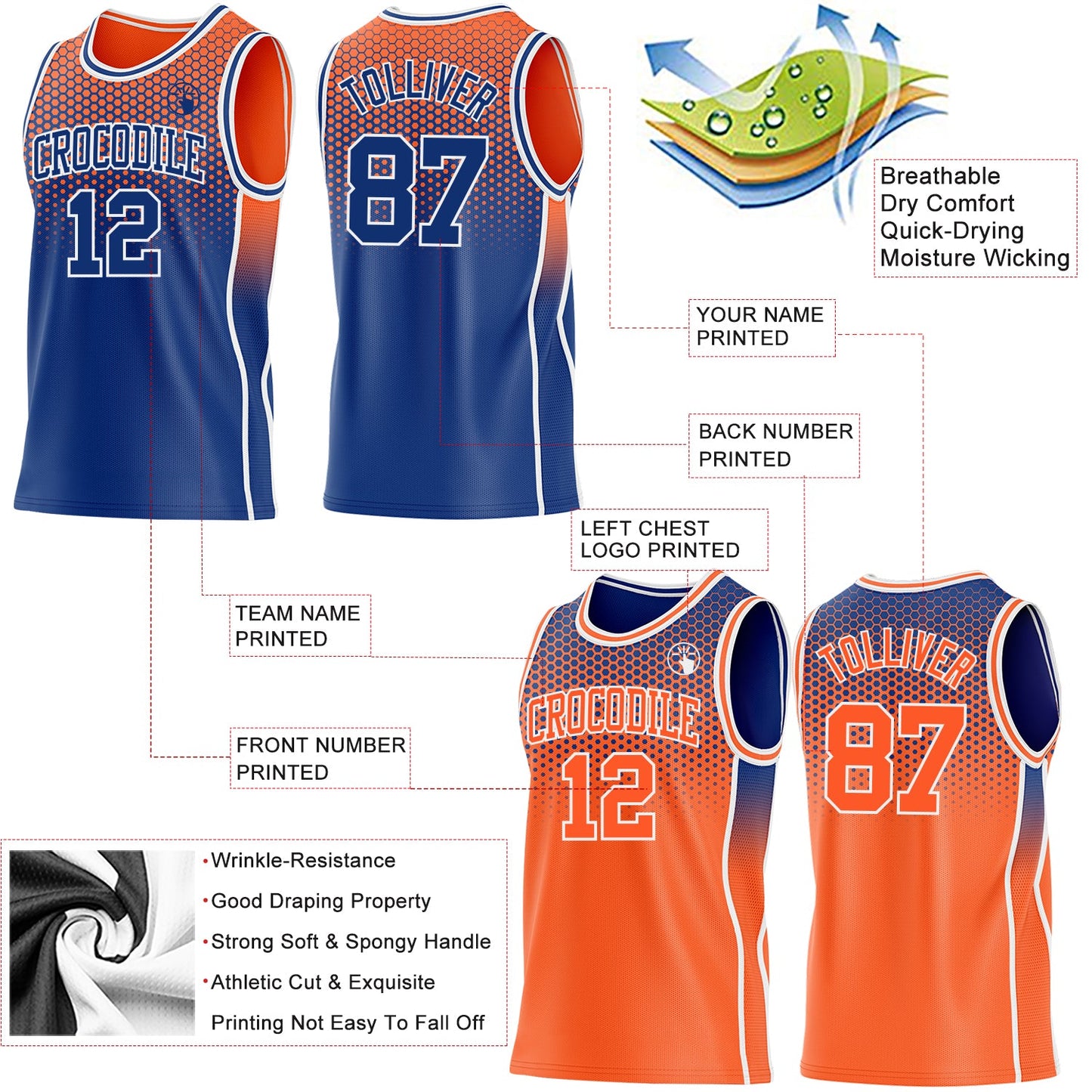 Custom Royal Orange-White Side Panel Stripe Gradient Geometric Honeycomb Reversible Double Side Sublimation Basketball Set Jersey view 3
