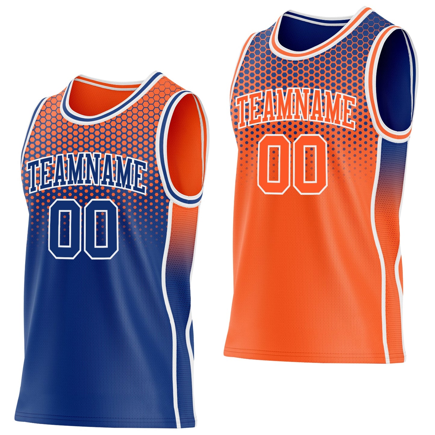 Custom Royal Orange-White Side Panel Stripe Gradient Geometric Honeycomb Reversible Double Side Sublimation Basketball Set Jersey - Main View