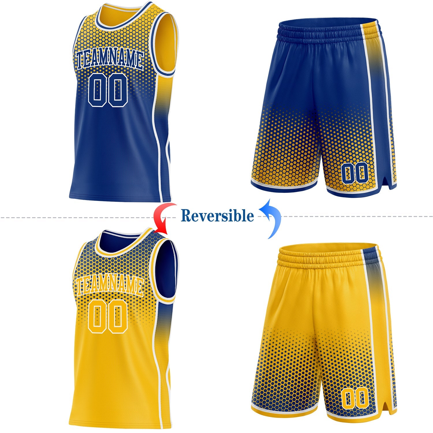 Custom Royal Gold-White Side Panel Stripe Gradient Geometric Honeycomb Reversible Double Side Sublimation Basketball Set Jersey view 2