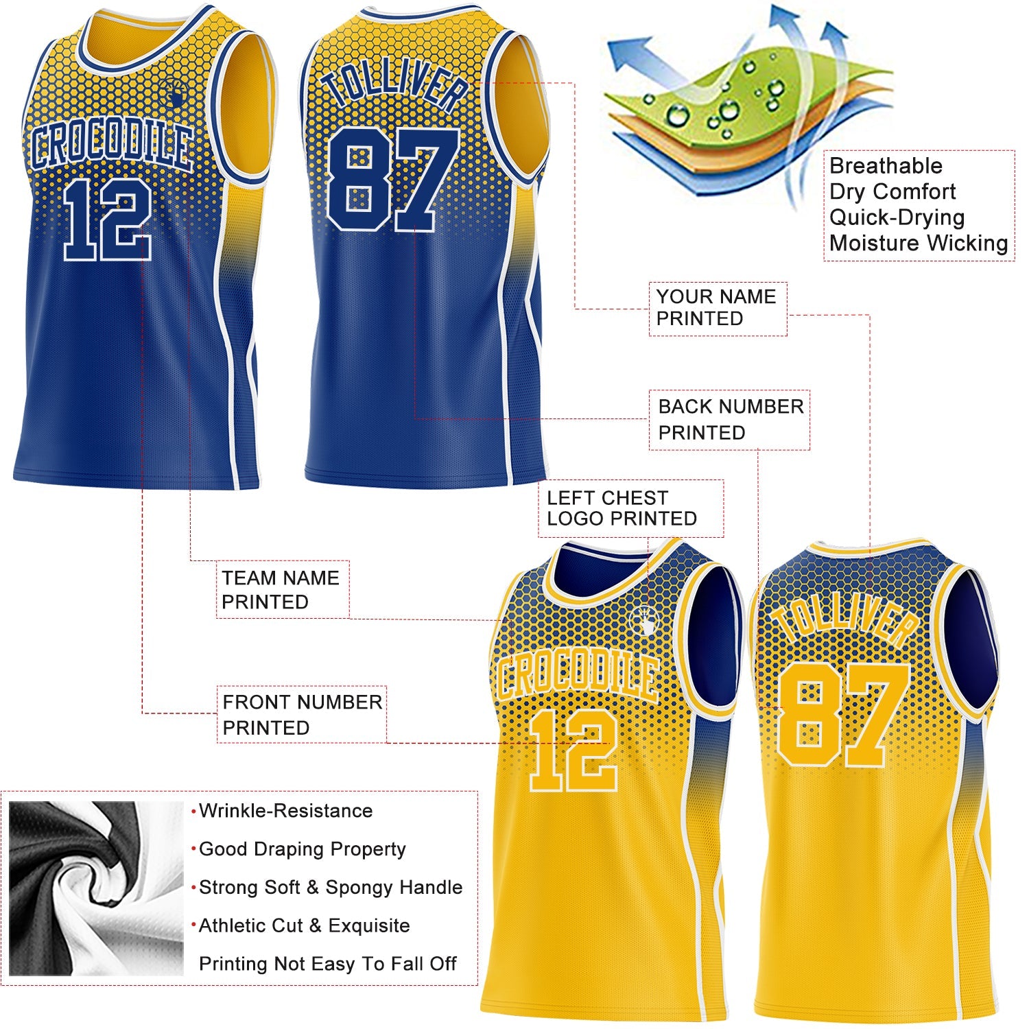 Custom Royal Gold-White Side Panel Stripe Gradient Geometric Honeycomb Reversible Double Side Sublimation Basketball Set Jersey view 3