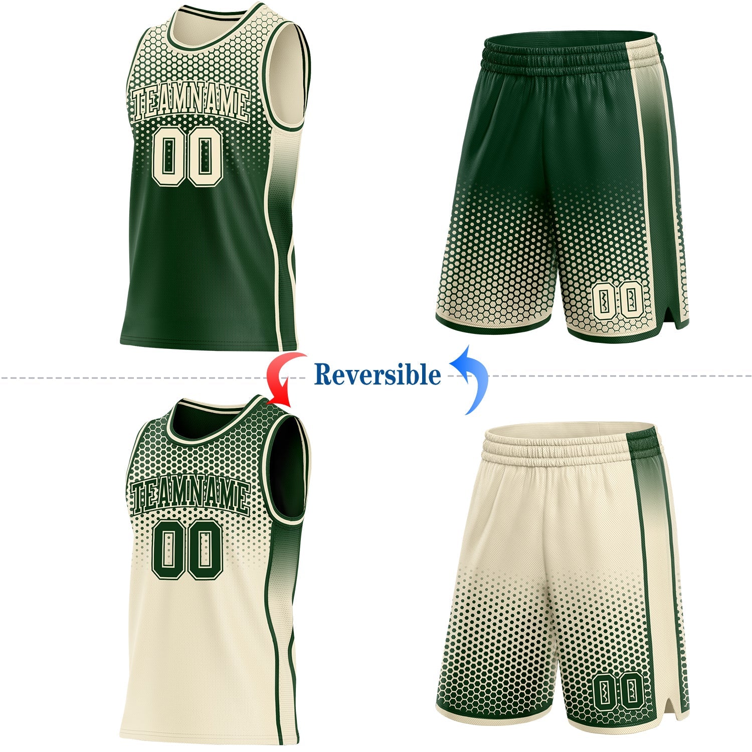 Custom Green-Cream Side Panel Stripe Gradient Geometric Honeycomb Reversible Double Side Sublimation Basketball Set Jersey view 2