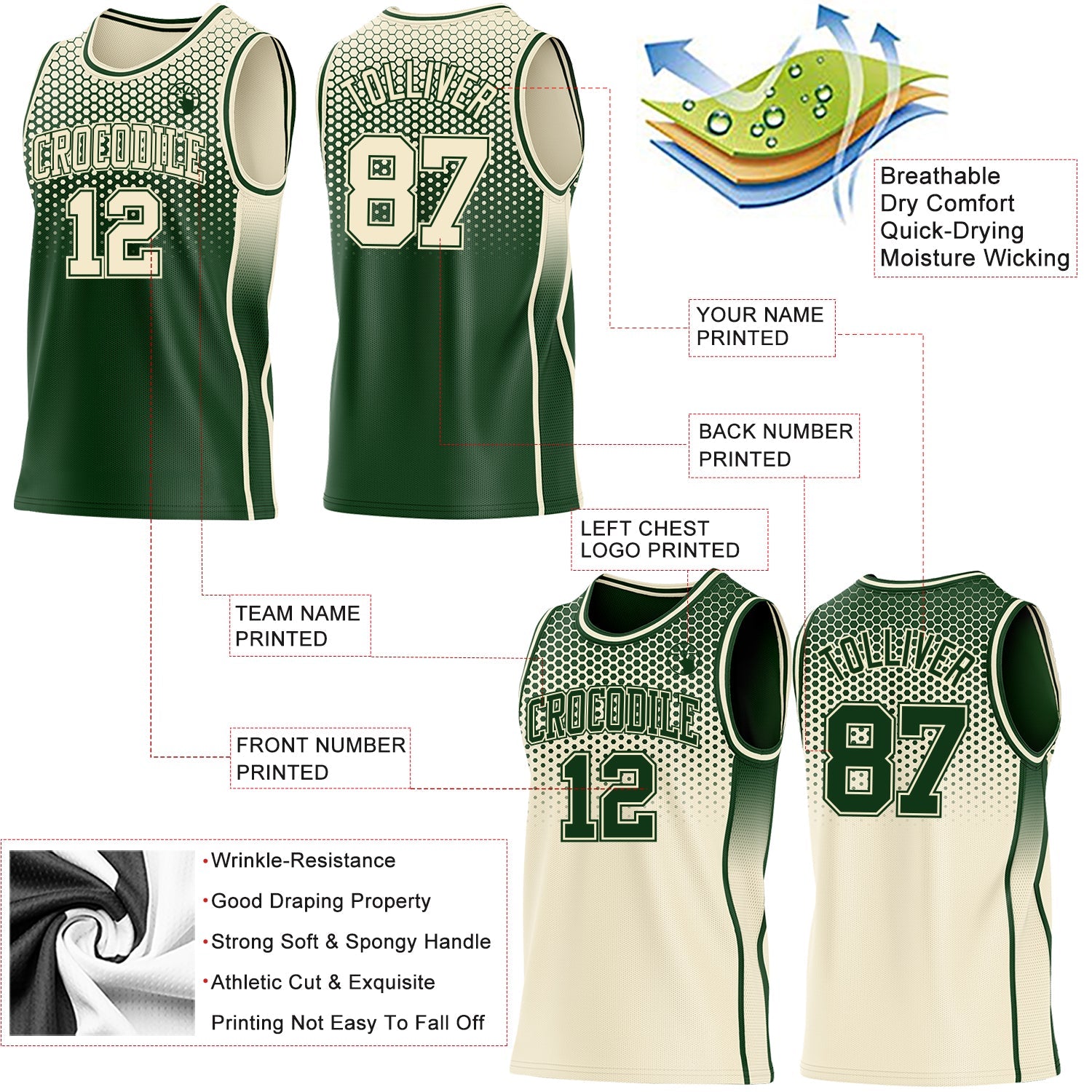 Custom Green-Cream Side Panel Stripe Gradient Geometric Honeycomb Reversible Double Side Sublimation Basketball Set Jersey view 3