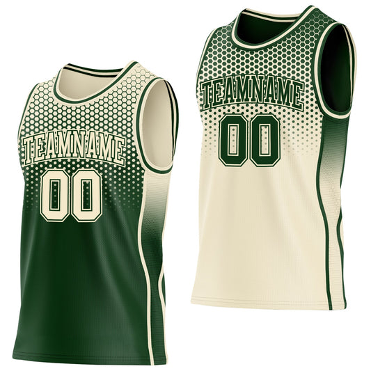 Custom Green-Cream Side Panel Stripe Gradient Geometric Honeycomb Reversible Double Side Sublimation Basketball Set Jersey - Main View