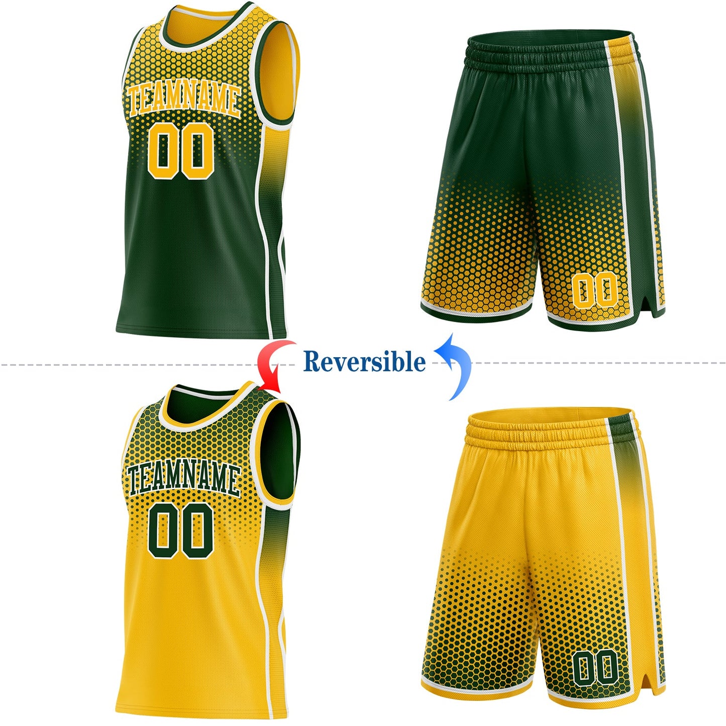 Custom Green Gold-White Side Panel Stripe Gradient Geometric Honeycomb Reversible Double Side Sublimation Basketball Set Jersey view 2
