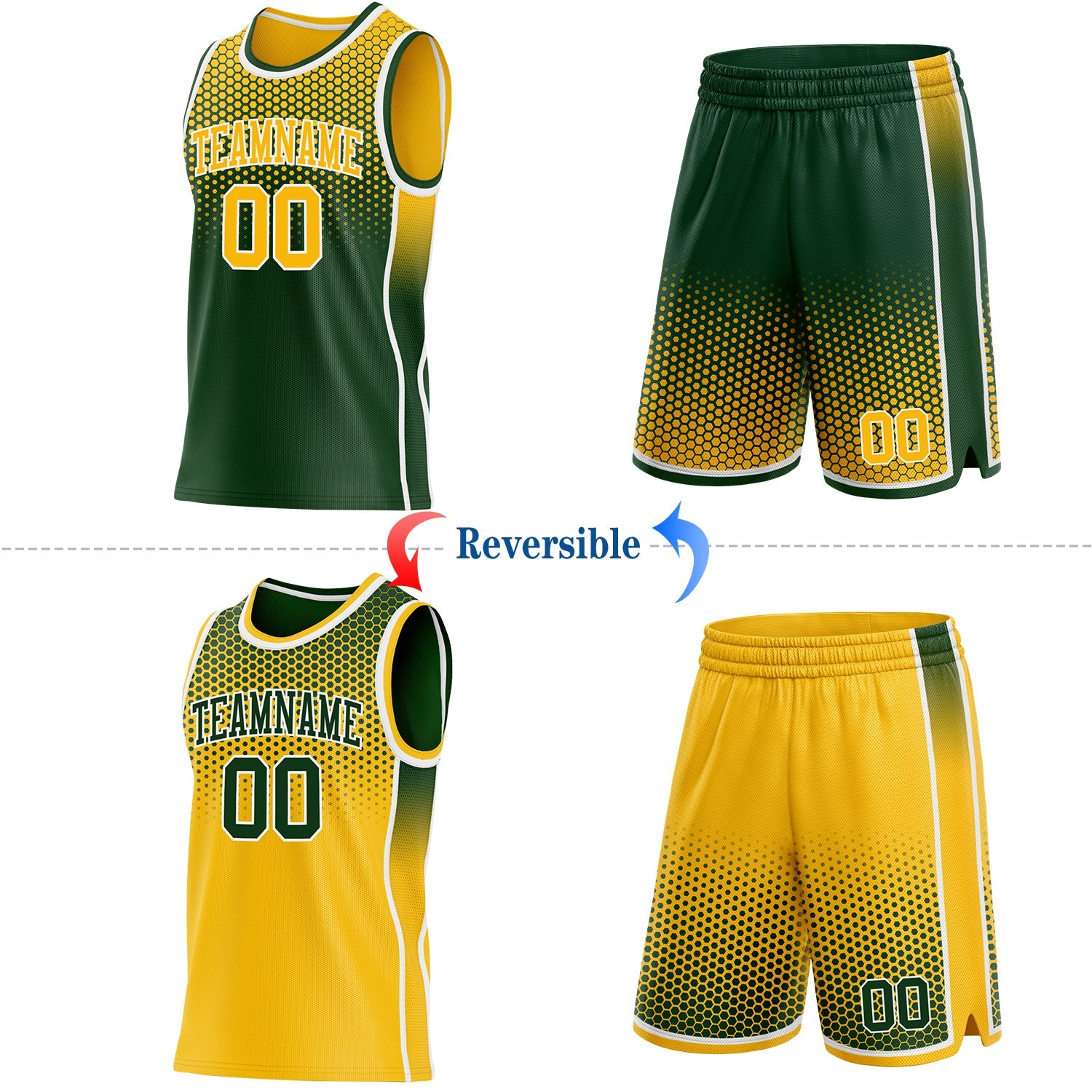 Custom Green Gold-White Side Panel Stripe Gradient Geometric Honeycomb Reversible Double Side Sublimation Basketball Set Jersey view 2