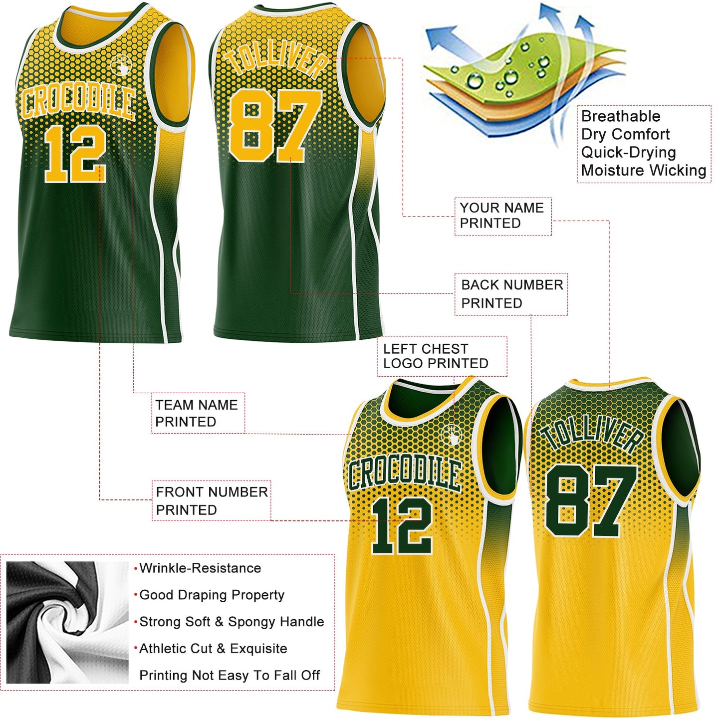 Custom Green Gold-White Side Panel Stripe Gradient Geometric Honeycomb Reversible Double Side Sublimation Basketball Set Jersey view 3