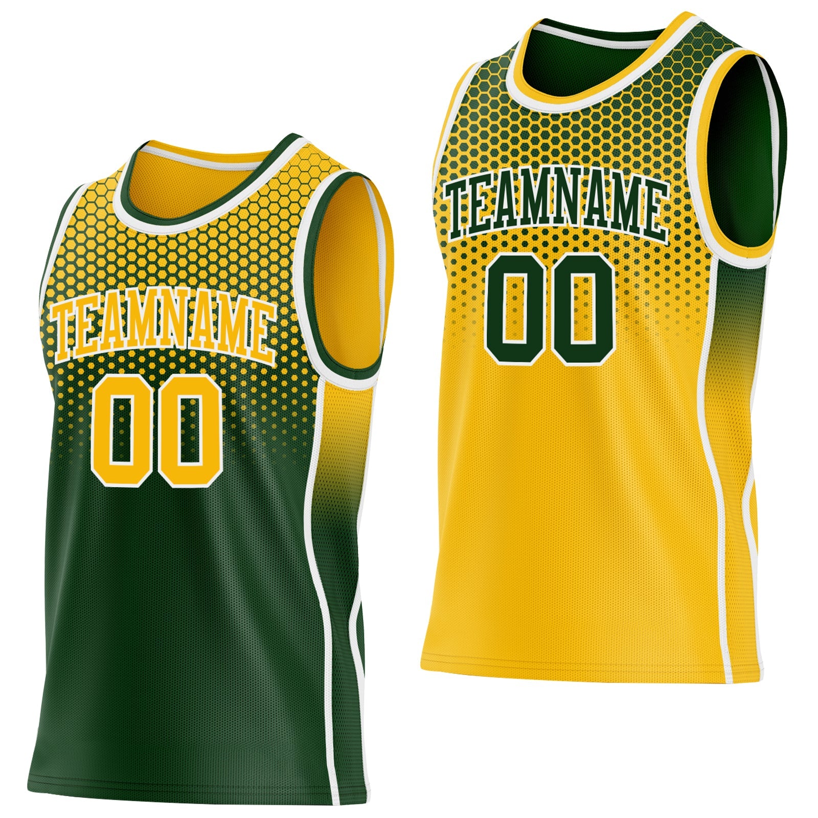 Custom Green Gold-White Side Panel Stripe Gradient Geometric Honeycomb Reversible Double Side Sublimation Basketball Set Jersey - Main View