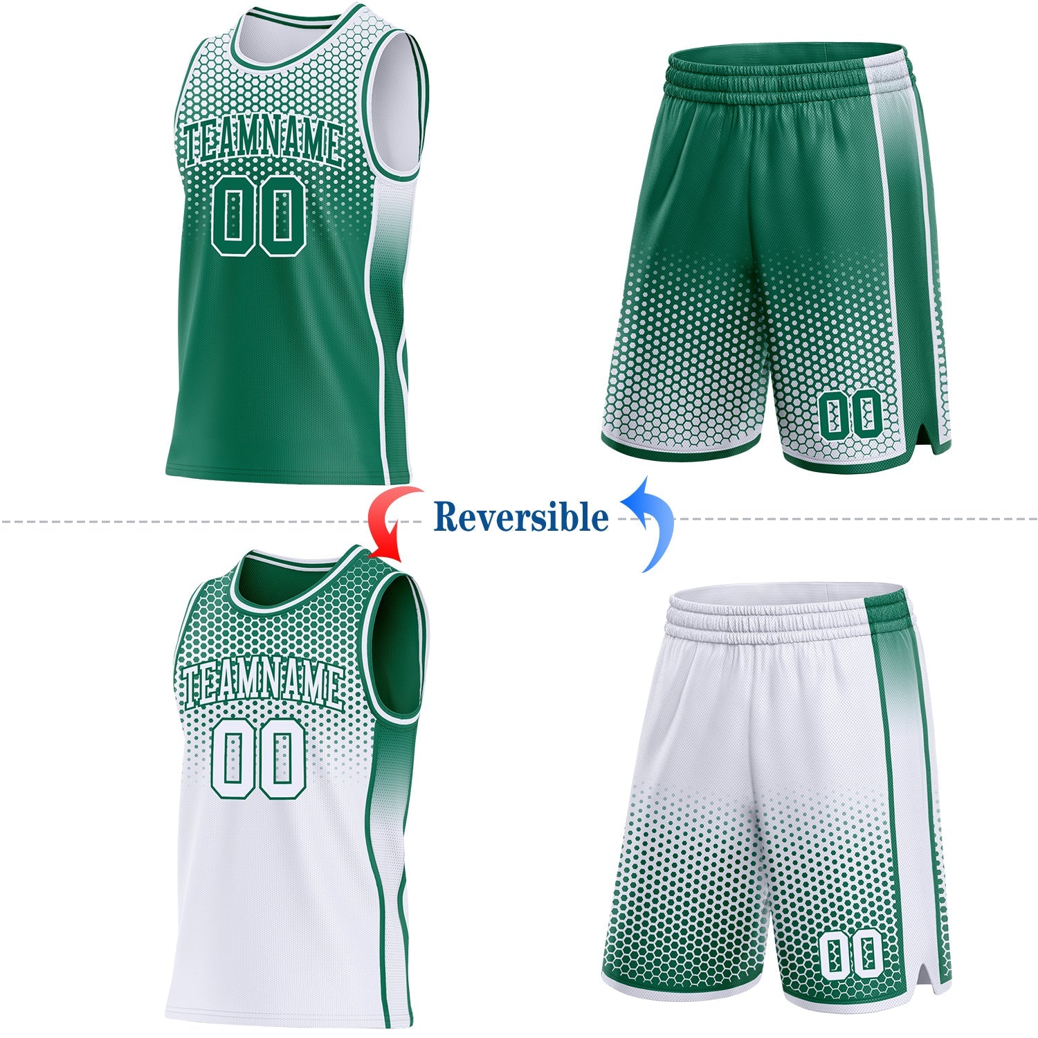 Custom Kelly Green-White Side Panel Stripe Gradient Geometric Honeycomb Reversible Double Side Sublimation Basketball Set Jersey view 2