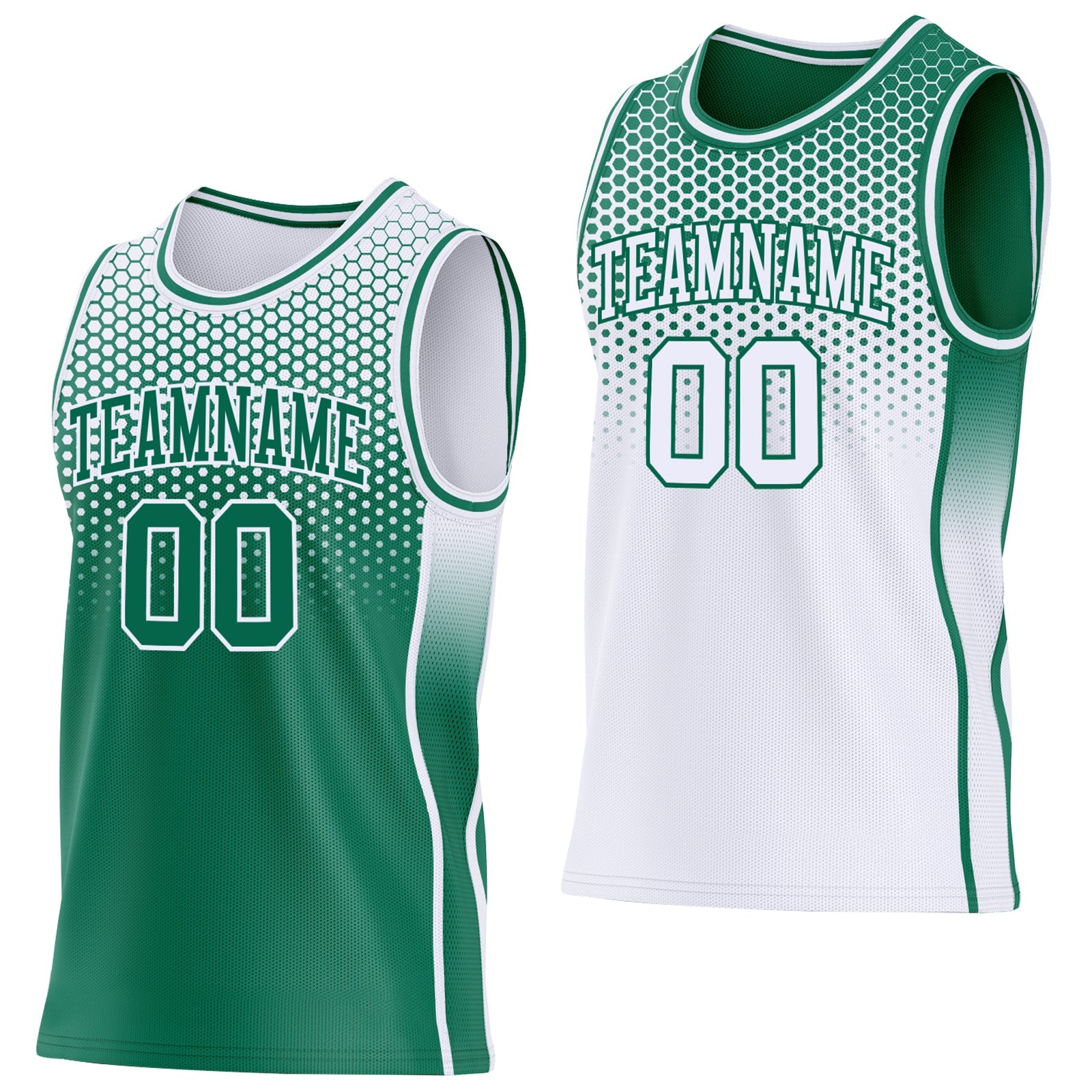 Custom Kelly Green-White Side Panel Stripe Gradient Geometric Honeycomb Reversible Double Side Sublimation Basketball Set Jersey - Main View