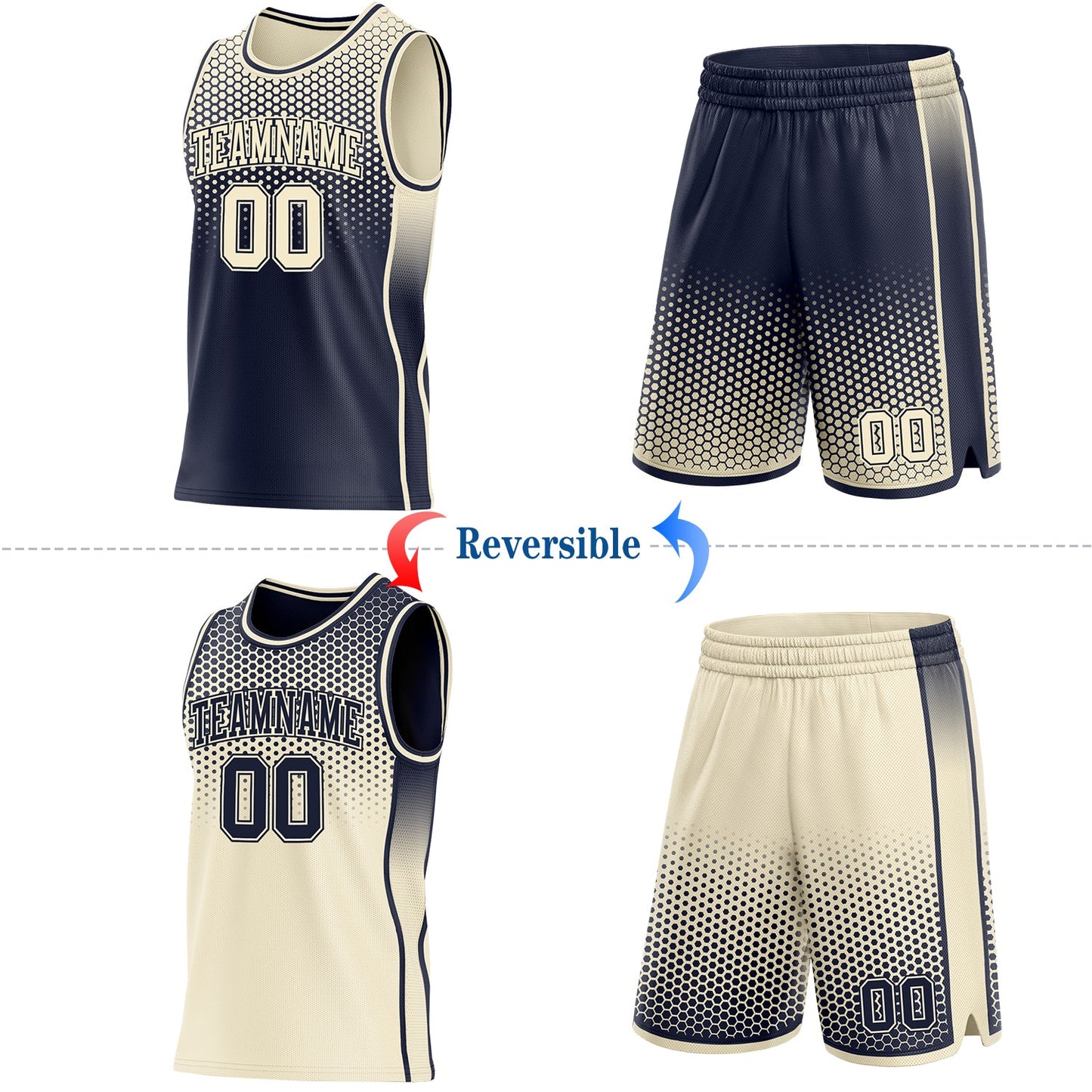 Custom Navy-Cream Side Panel Stripe Gradient Geometric Honeycomb Reversible Double Side Sublimation Basketball Set Jersey view 2
