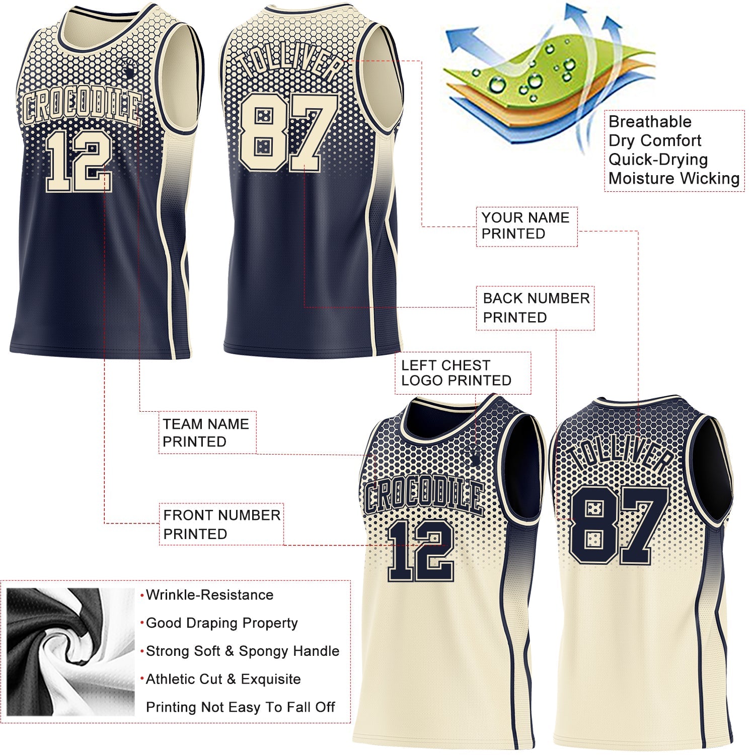 Custom Navy-Cream Side Panel Stripe Gradient Geometric Honeycomb Reversible Double Side Sublimation Basketball Set Jersey view 3
