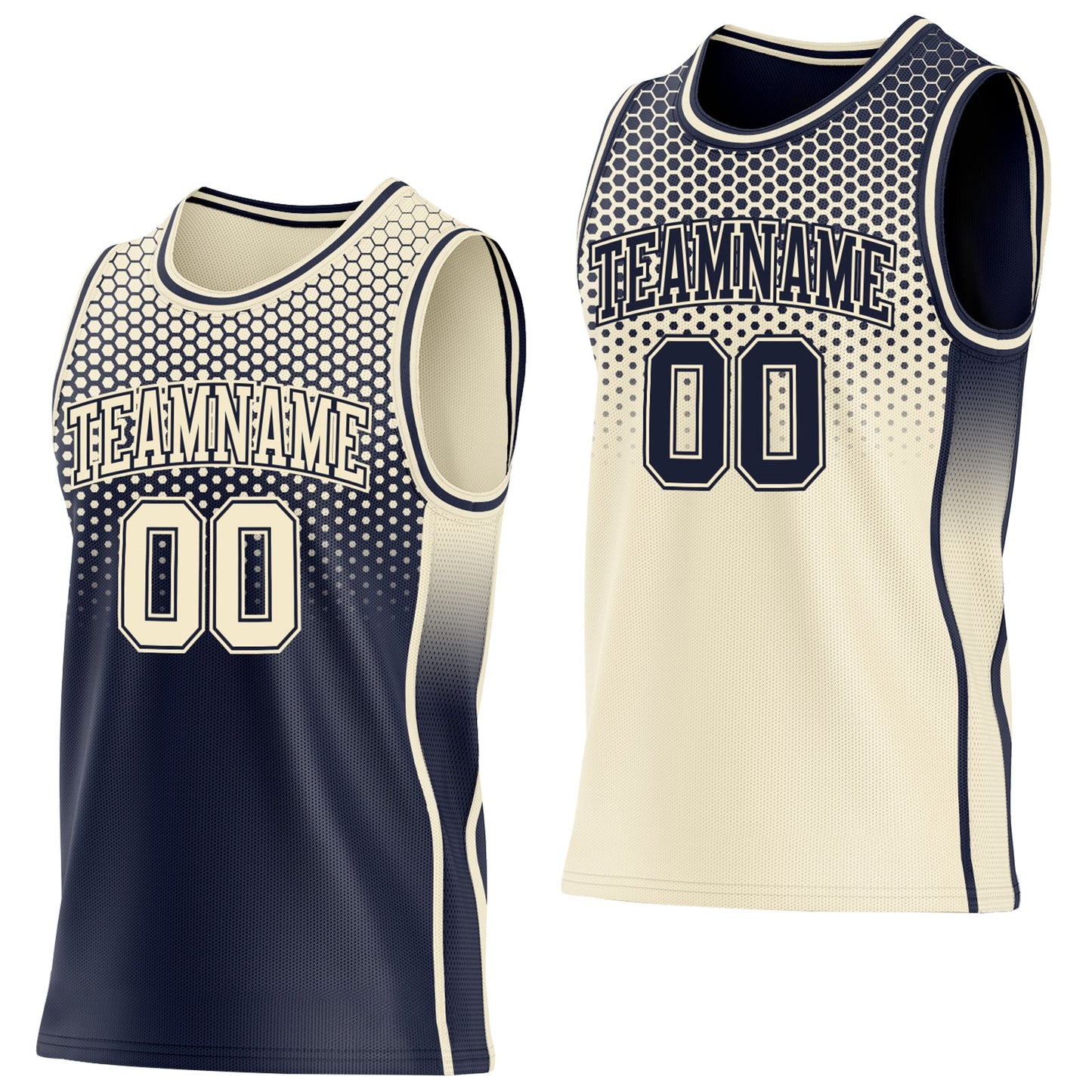 Custom Navy-Cream Side Panel Stripe Gradient Geometric Honeycomb Reversible Double Side Sublimation Basketball Set Jersey - Main View