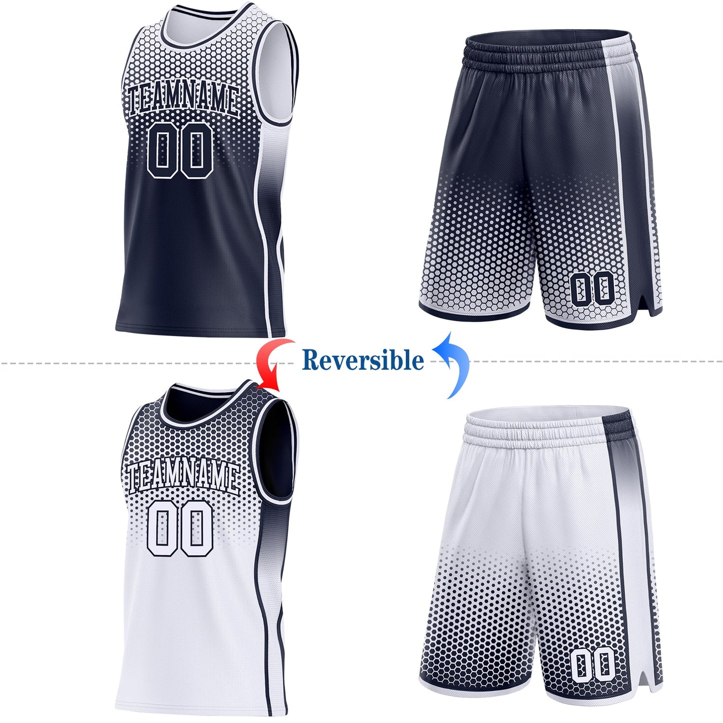 Custom Navy-White Side Panel Stripe Gradient Geometric Honeycomb Reversible Double Side Sublimation Basketball Set Jersey view 2