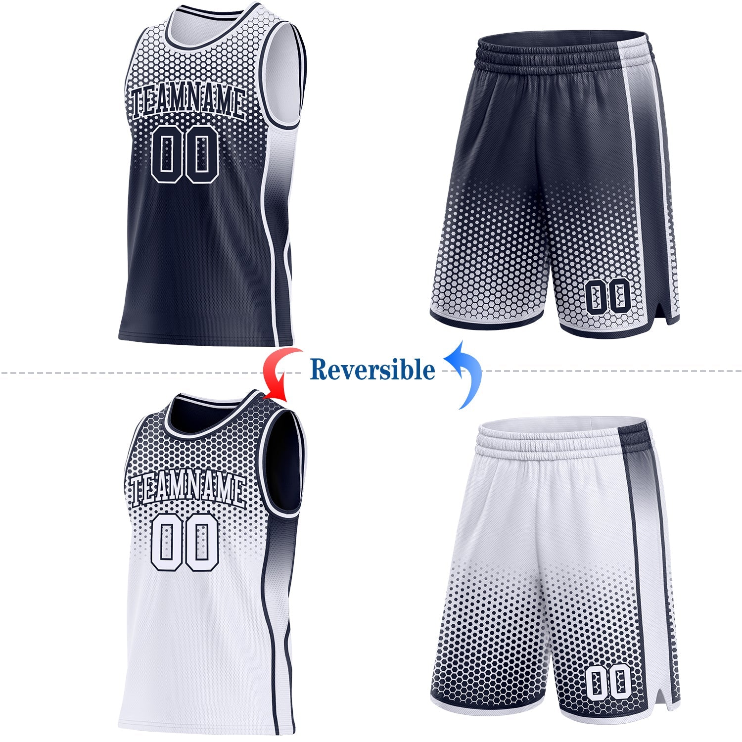 Custom Navy-White Side Panel Stripe Gradient Geometric Honeycomb Reversible Double Side Sublimation Basketball Set Jersey view 2