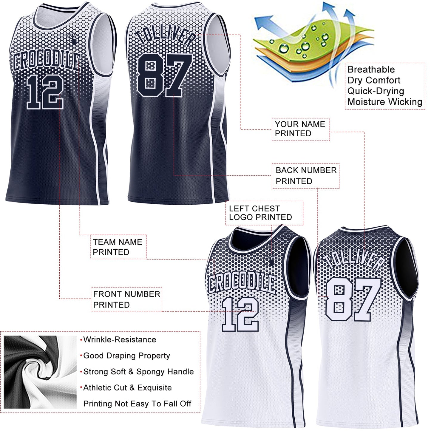 Custom Navy-White Side Panel Stripe Gradient Geometric Honeycomb Reversible Double Side Sublimation Basketball Set Jersey view 3