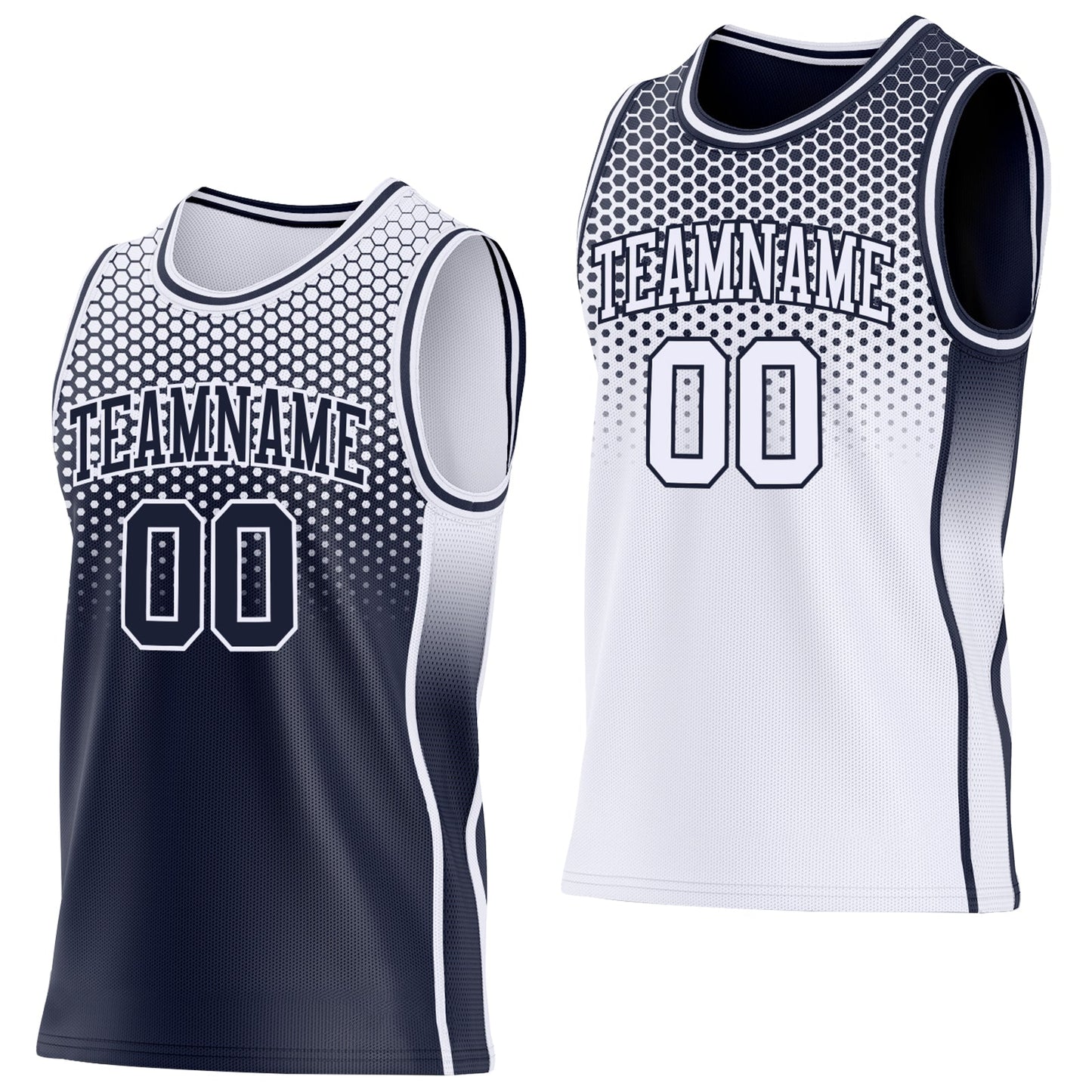 Custom Navy-White Side Panel Stripe Gradient Geometric Honeycomb Reversible Double Side Sublimation Basketball Set Jersey - Main View