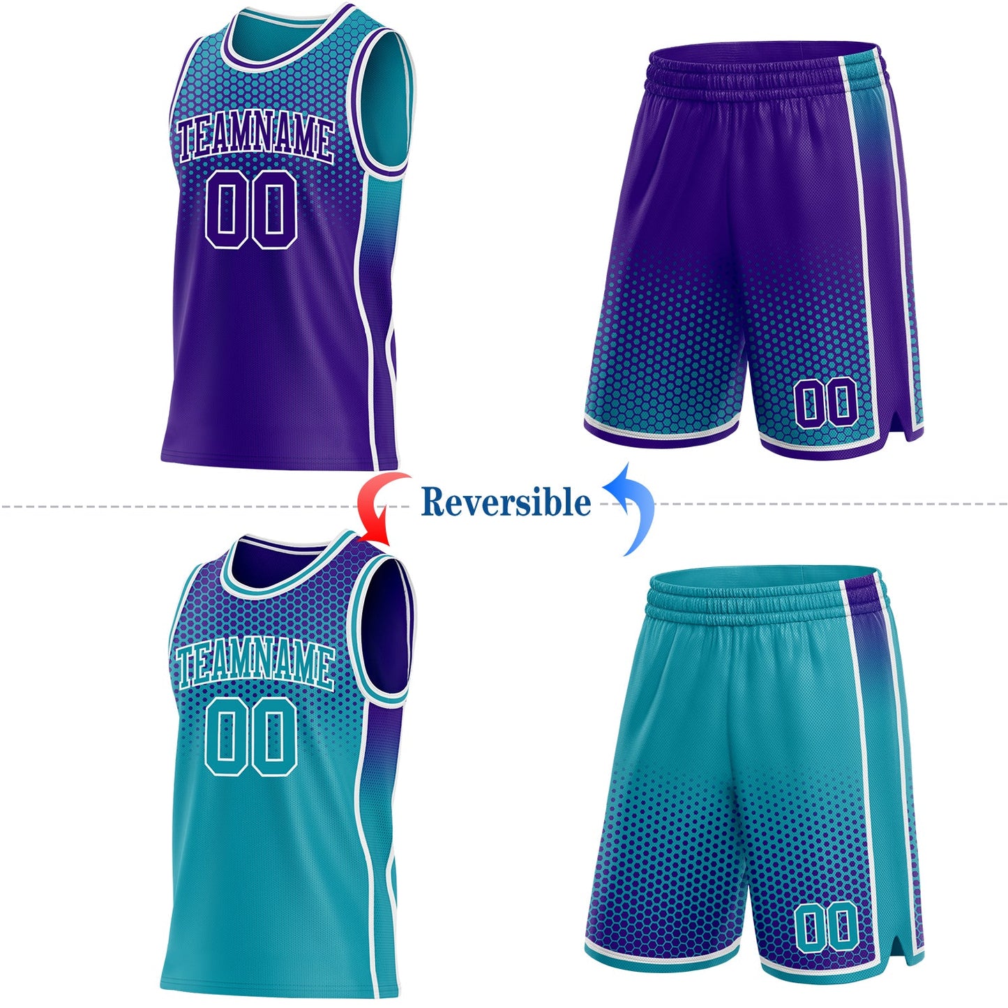 Custom Purple Teal-White Side Panel Stripe Gradient Geometric Honeycomb Reversible Double Side Sublimation Basketball Set Jersey view 2