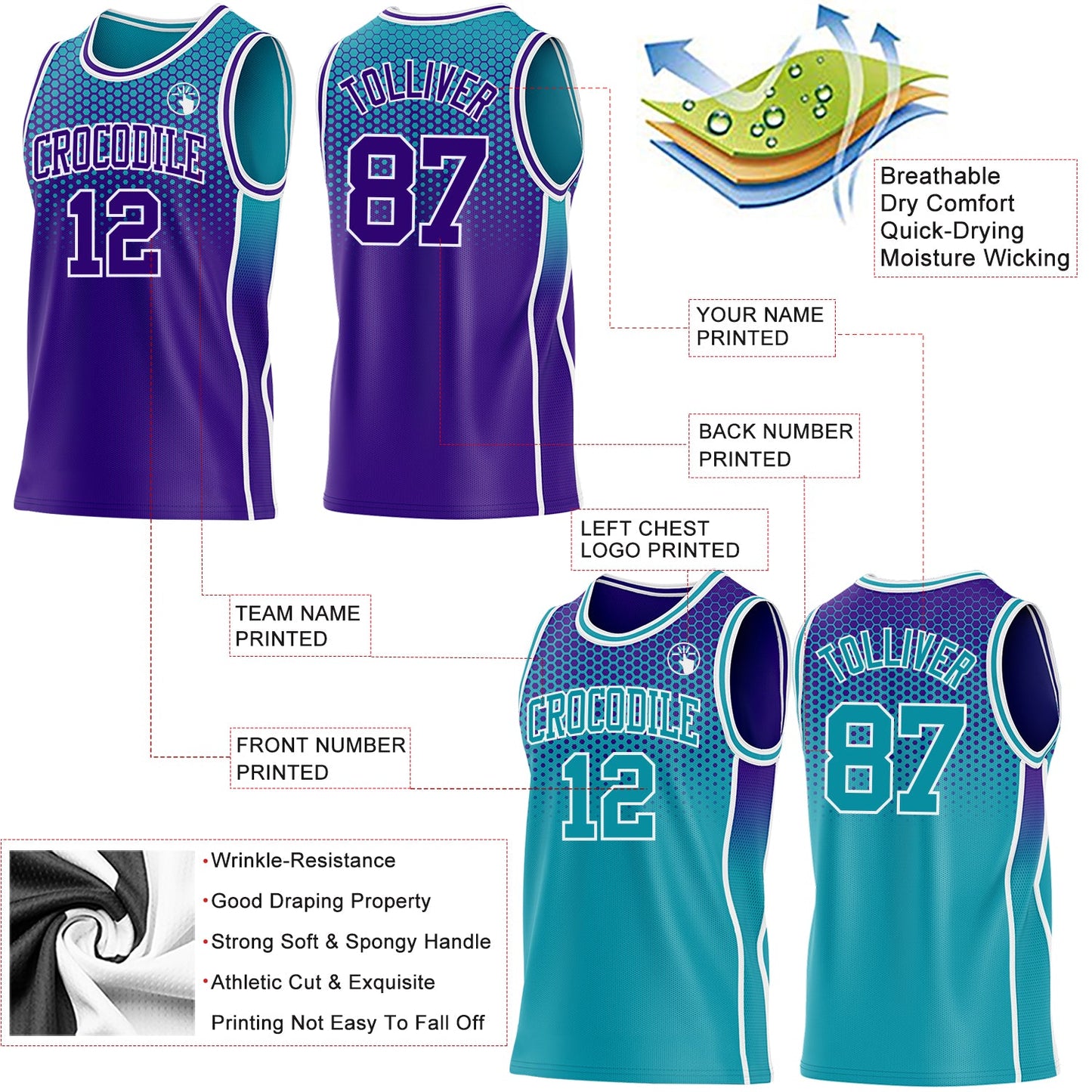Custom Purple Teal-White Side Panel Stripe Gradient Geometric Honeycomb Reversible Double Side Sublimation Basketball Set Jersey view 3