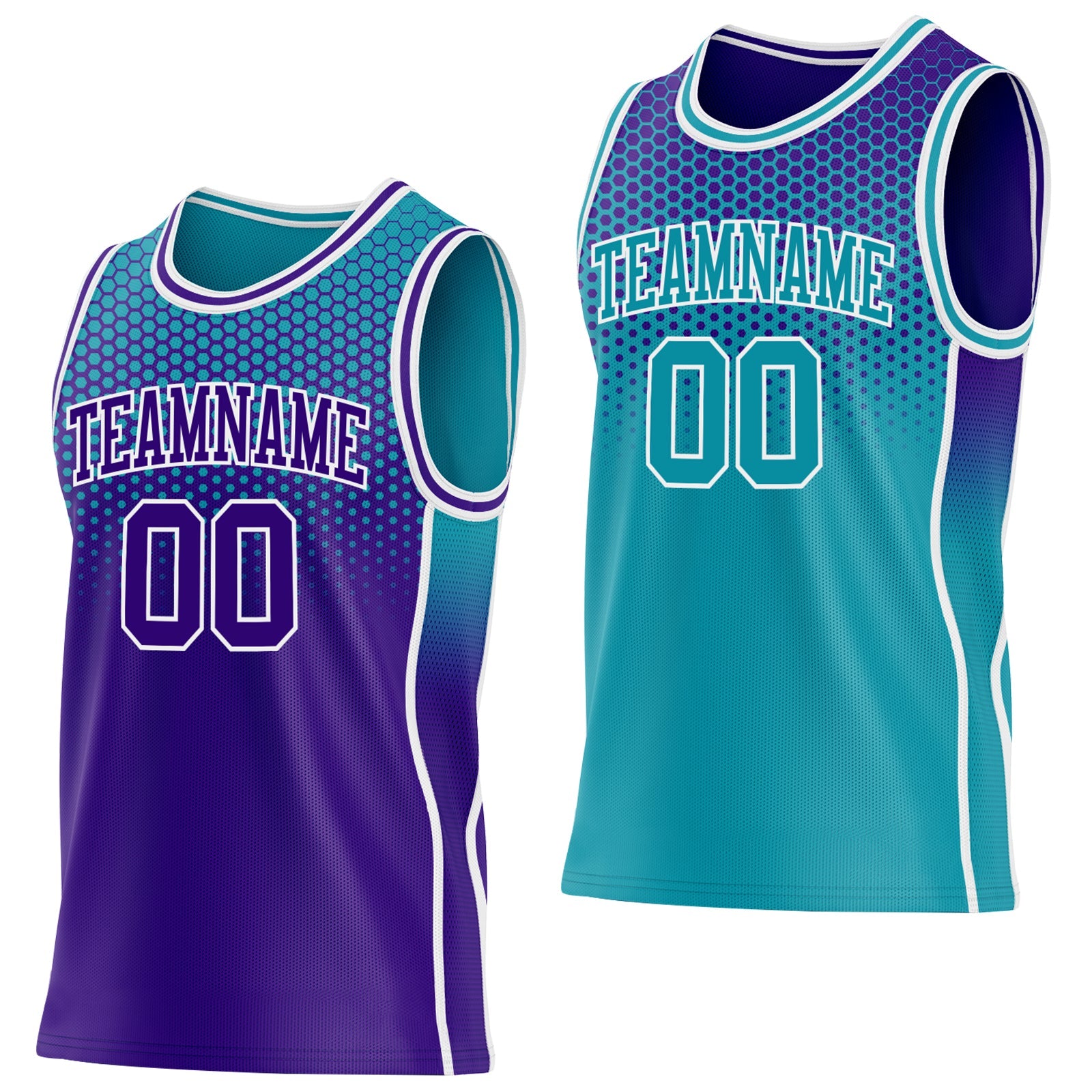 Custom Purple Teal-White Side Panel Stripe Gradient Geometric Honeycomb Reversible Double Side Sublimation Basketball Set Jersey - Main View