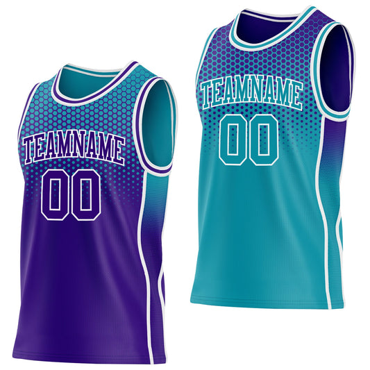 Custom Purple Teal-White Side Panel Stripe Gradient Geometric Honeycomb Reversible Double Side Sublimation Basketball Set Jersey - Main View