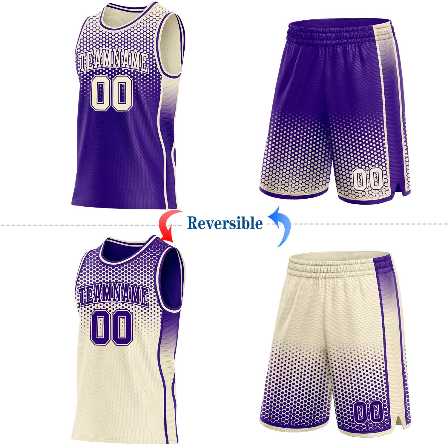 Custom Purple-Cream Side Panel Stripe Gradient Geometric Honeycomb Reversible Double Side Sublimation Basketball Set Jersey view 2