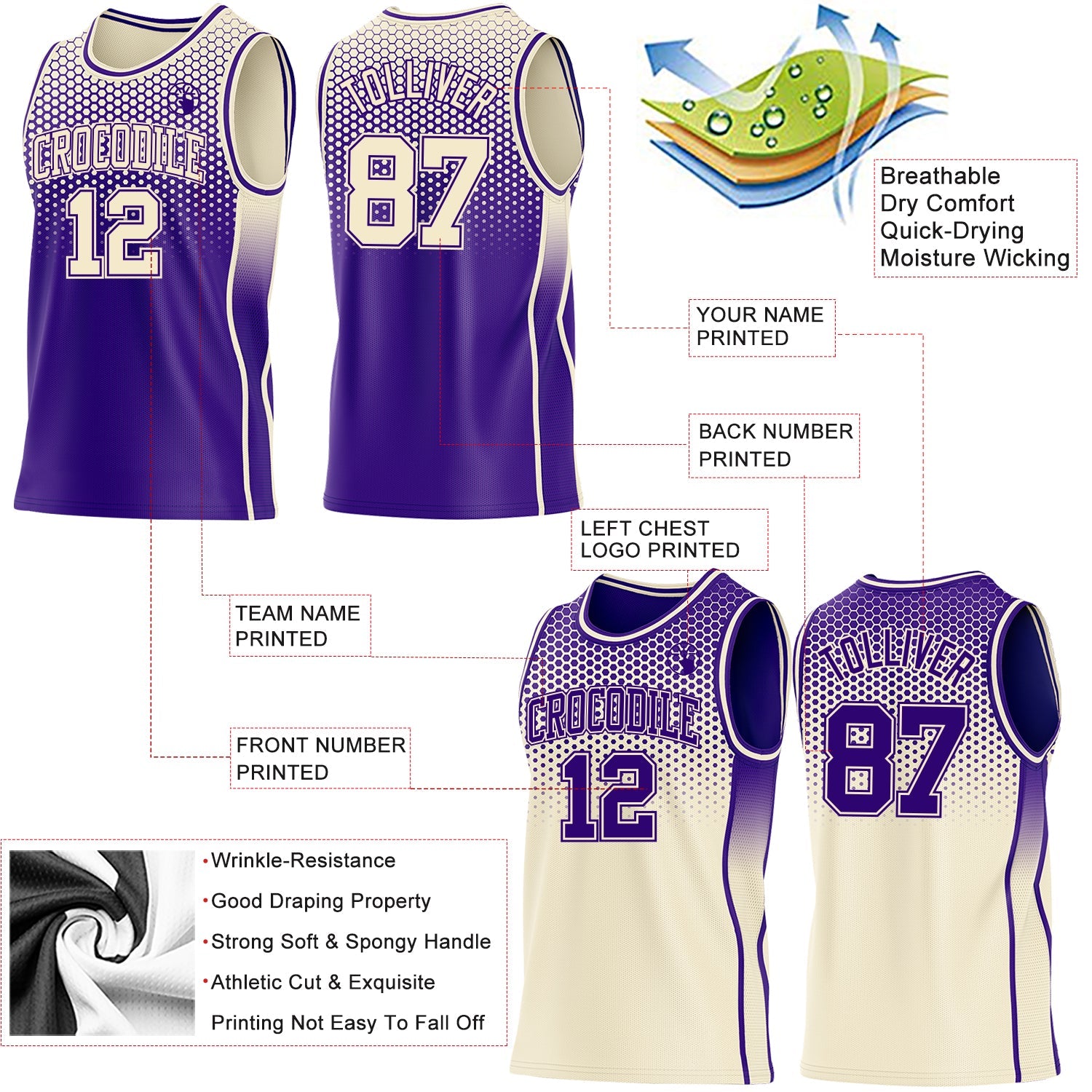 Custom Purple-Cream Side Panel Stripe Gradient Geometric Honeycomb Reversible Double Side Sublimation Basketball Set Jersey view 3