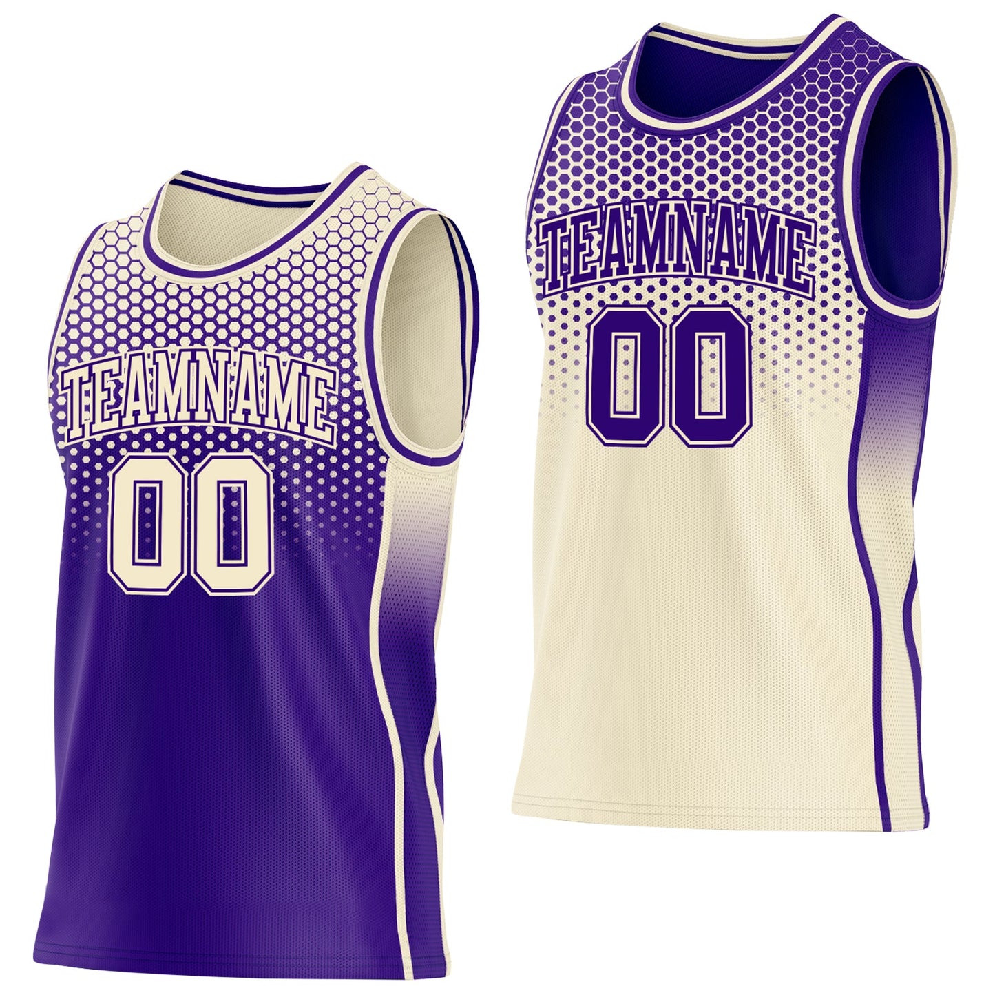 Custom Purple-Cream Side Panel Stripe Gradient Geometric Honeycomb Reversible Double Side Sublimation Basketball Set Jersey - Main View