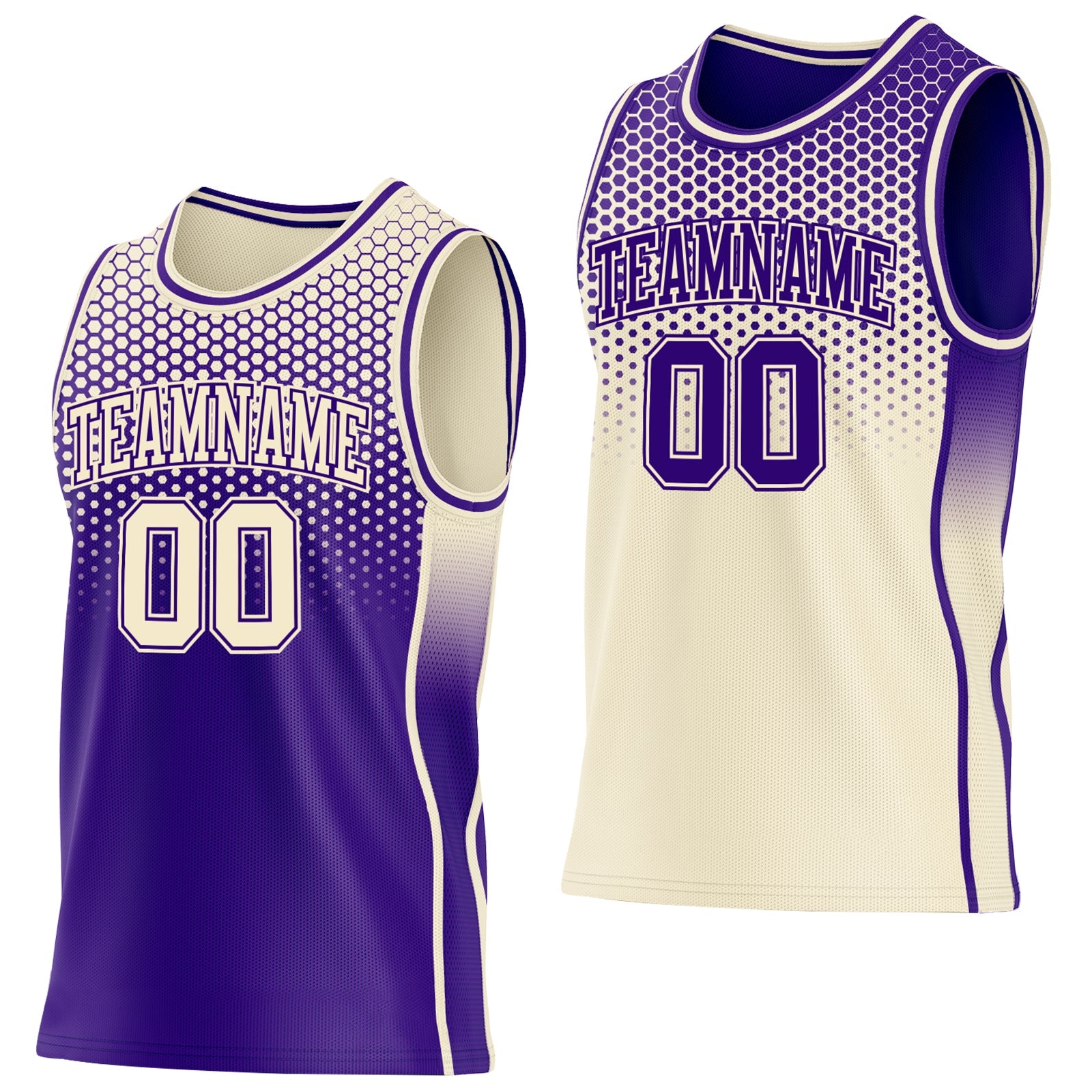 Custom Purple-Cream Side Panel Stripe Gradient Geometric Honeycomb Reversible Double Side Sublimation Basketball Set Jersey - Main View