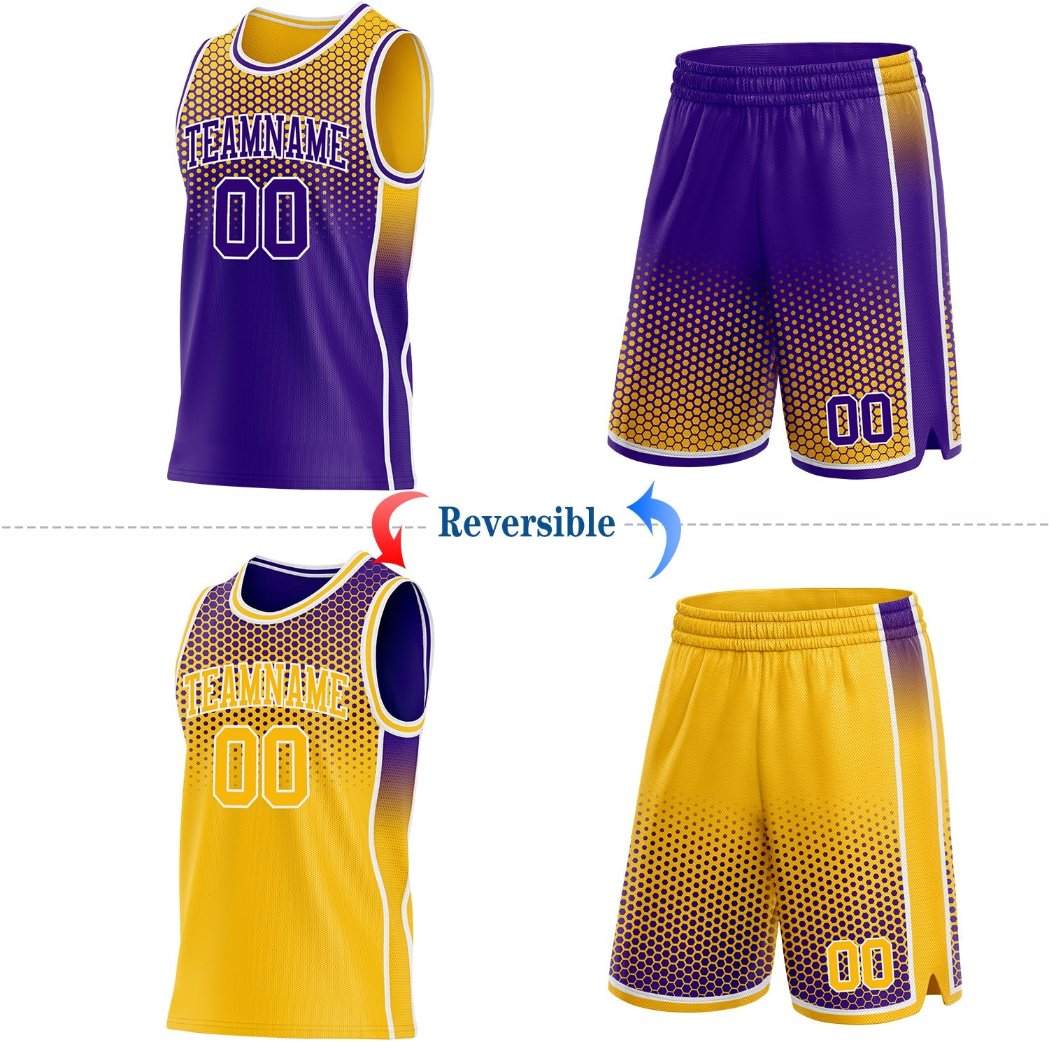 Custom Purple Gold-White Side Panel Stripe Gradient Geometric Honeycomb Reversible Double Side Sublimation Basketball Set Jersey view 2