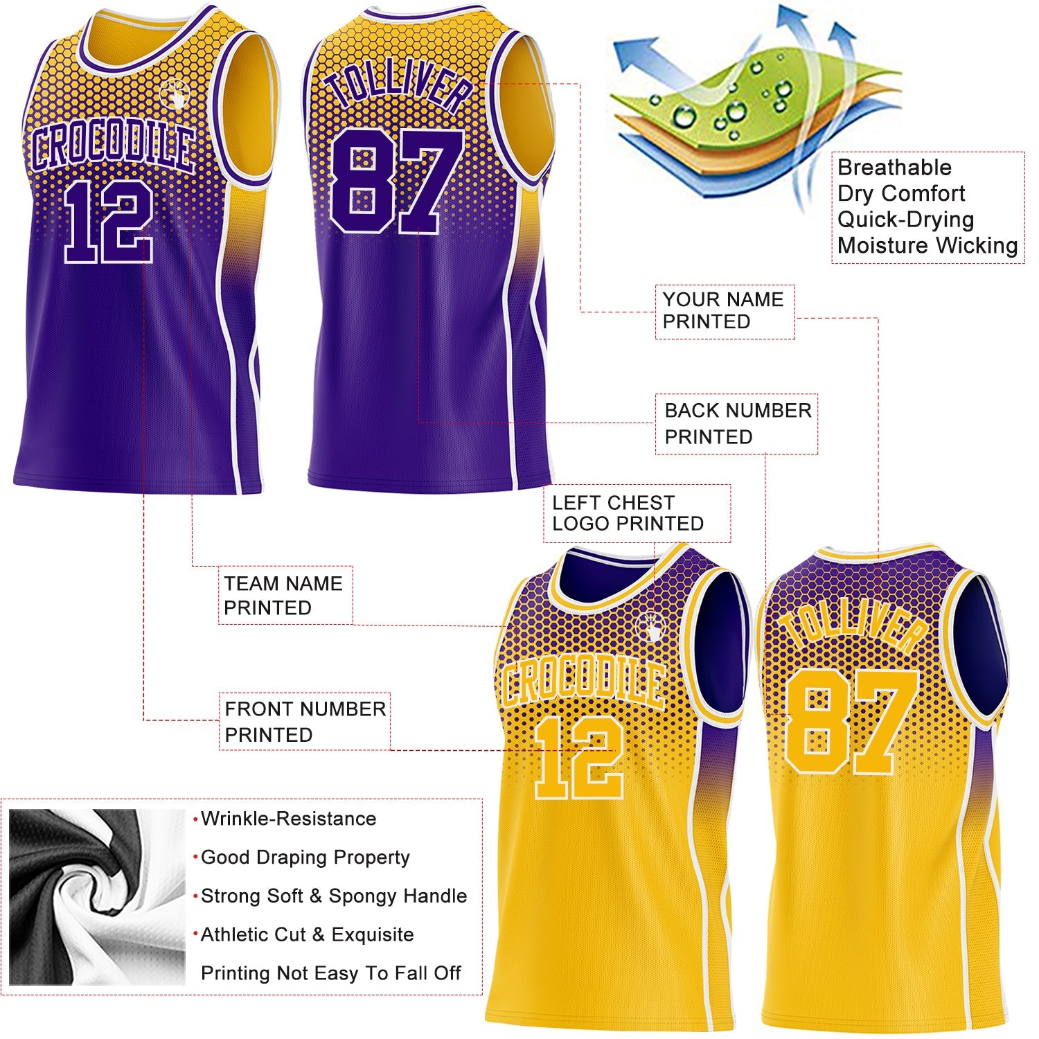 Custom Purple Gold-White Side Panel Stripe Gradient Geometric Honeycomb Reversible Double Side Sublimation Basketball Set Jersey view 3