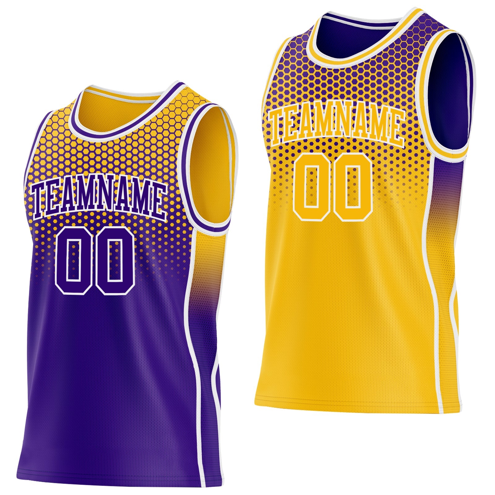 Custom Purple Gold-White Side Panel Stripe Gradient Geometric Honeycomb Reversible Double Side Sublimation Basketball Set Jersey - Main View