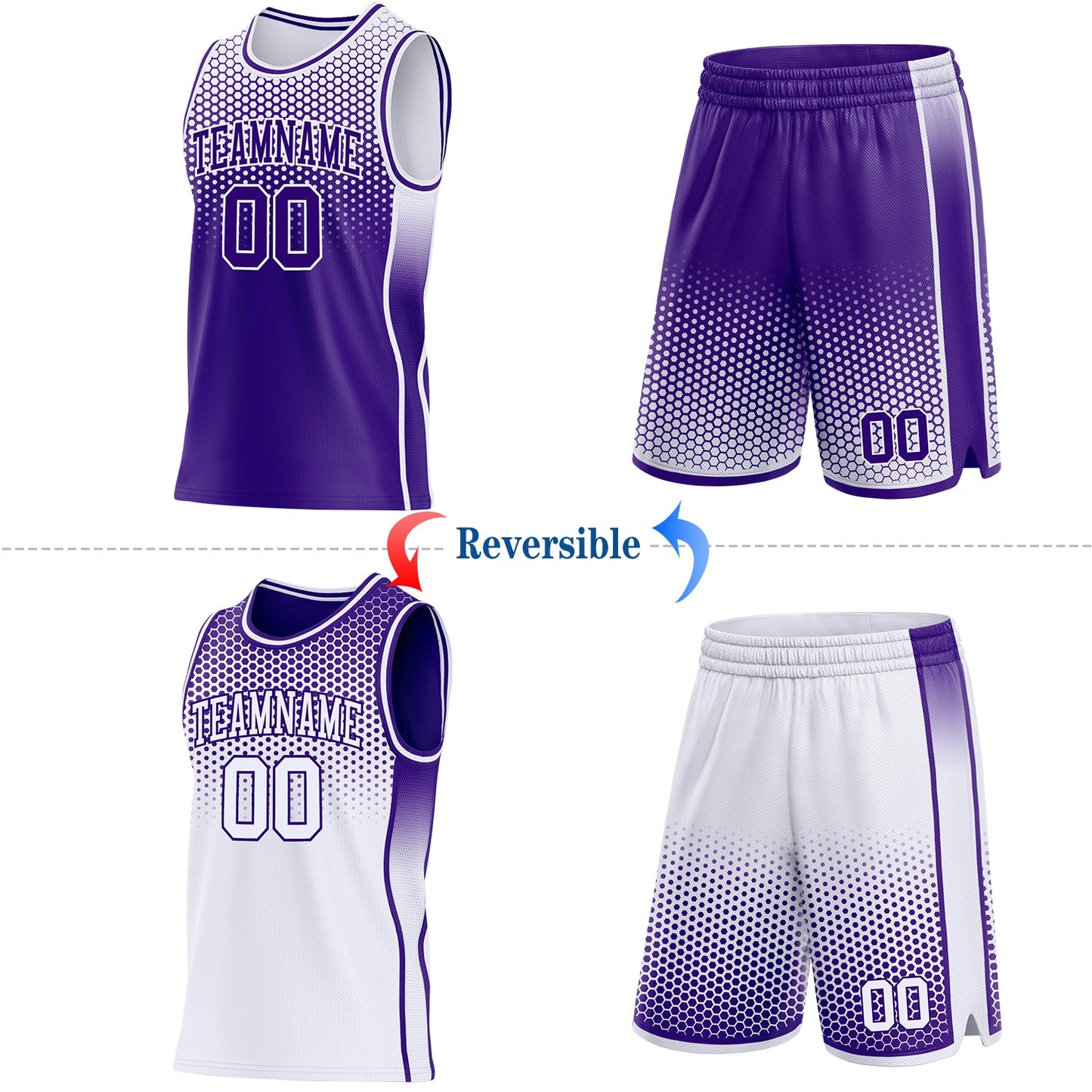Custom Purple-White Side Panel Stripe Gradient Geometric Honeycomb Reversible Double Side Sublimation Basketball Set Jersey view 2