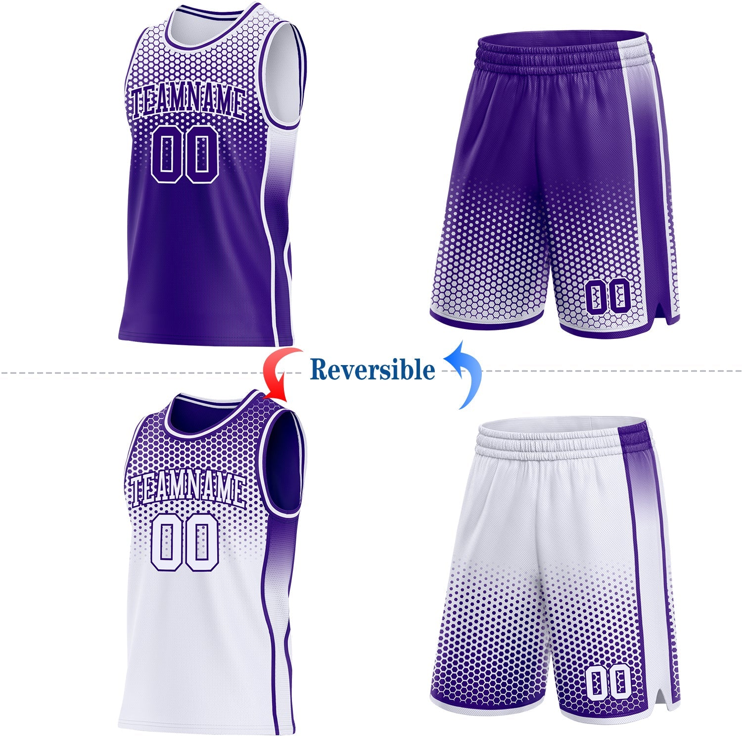Custom Purple-White Side Panel Stripe Gradient Geometric Honeycomb Reversible Double Side Sublimation Basketball Set Jersey view 2