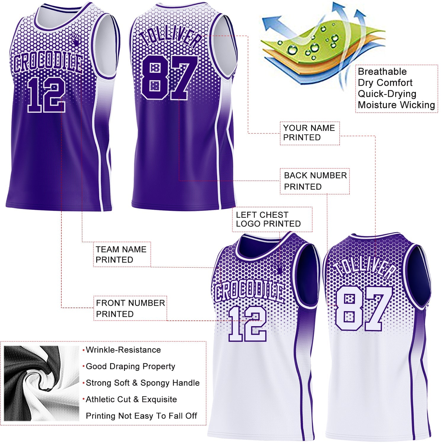 Custom Purple-White Side Panel Stripe Gradient Geometric Honeycomb Reversible Double Side Sublimation Basketball Set Jersey view 3