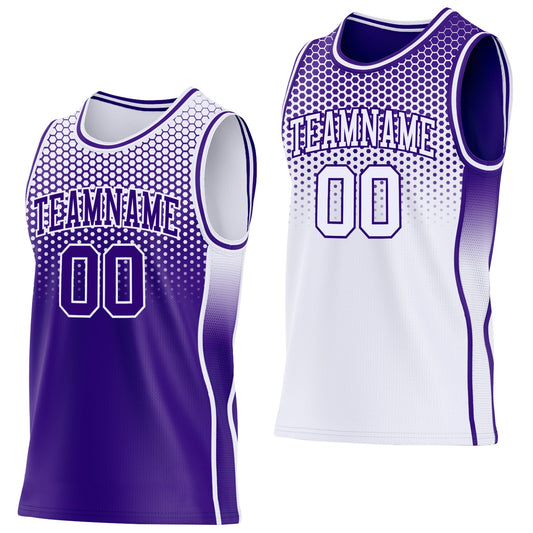 Custom Purple-White Side Panel Stripe Gradient Geometric Honeycomb Reversible Double Side Sublimation Basketball Set Jersey - Main View