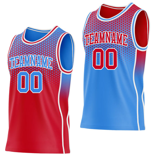 Custom Red Powder Blue-White Side Panel Stripe Gradient Geometric Honeycomb Reversible Double Side Sublimation Basketball Set Jersey - Main View