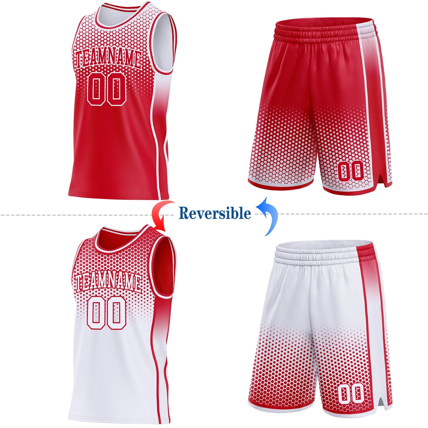 Custom Red-White Side Panel Stripe Gradient Geometric Honeycomb Reversible Double Side Sublimation Basketball Set Jersey view 2